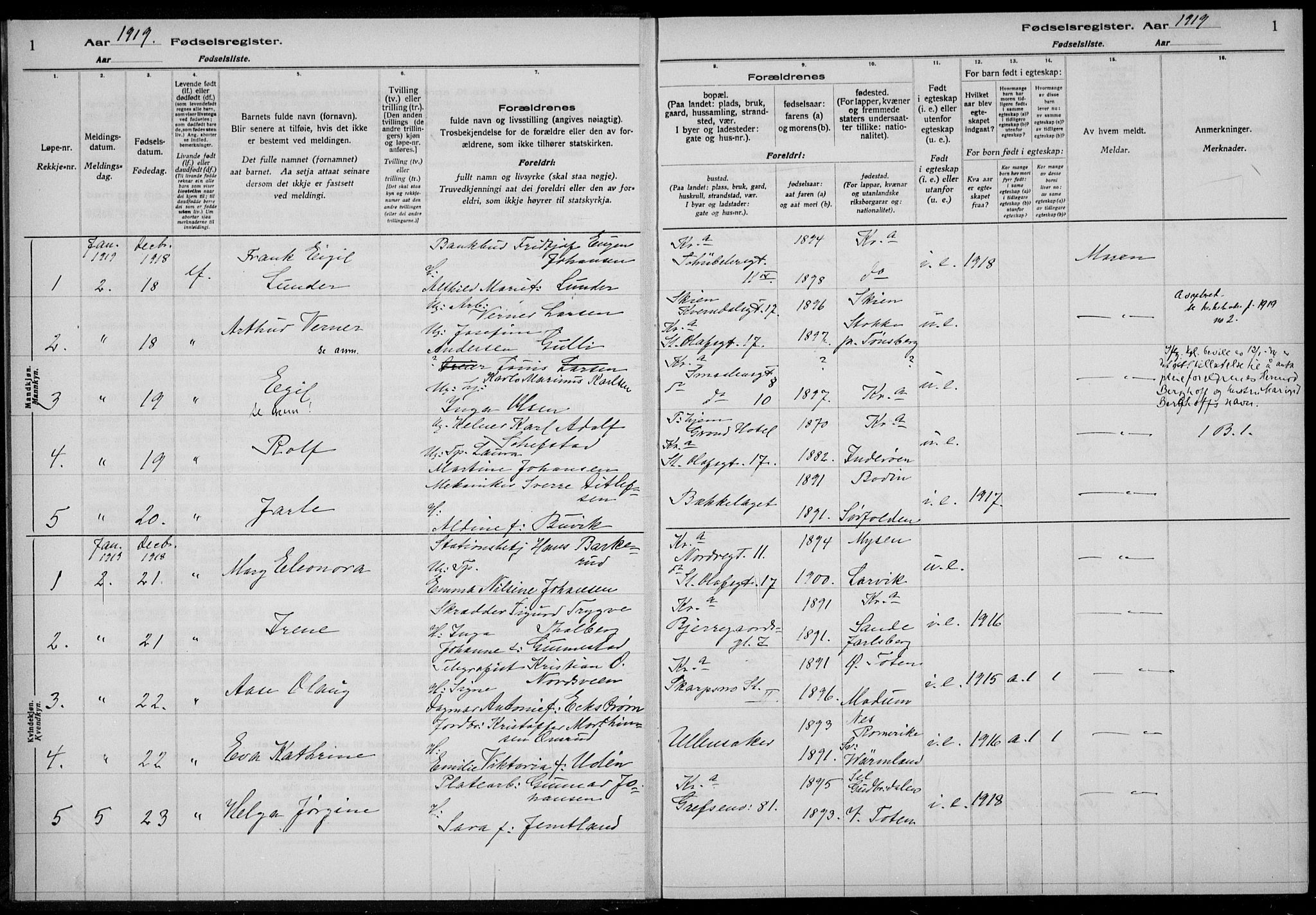 Rikshospitalet prestekontor Kirkebøker, SAO/A-10309b/J/L0004: Birth register no. 4, 1919-1919, p. 1