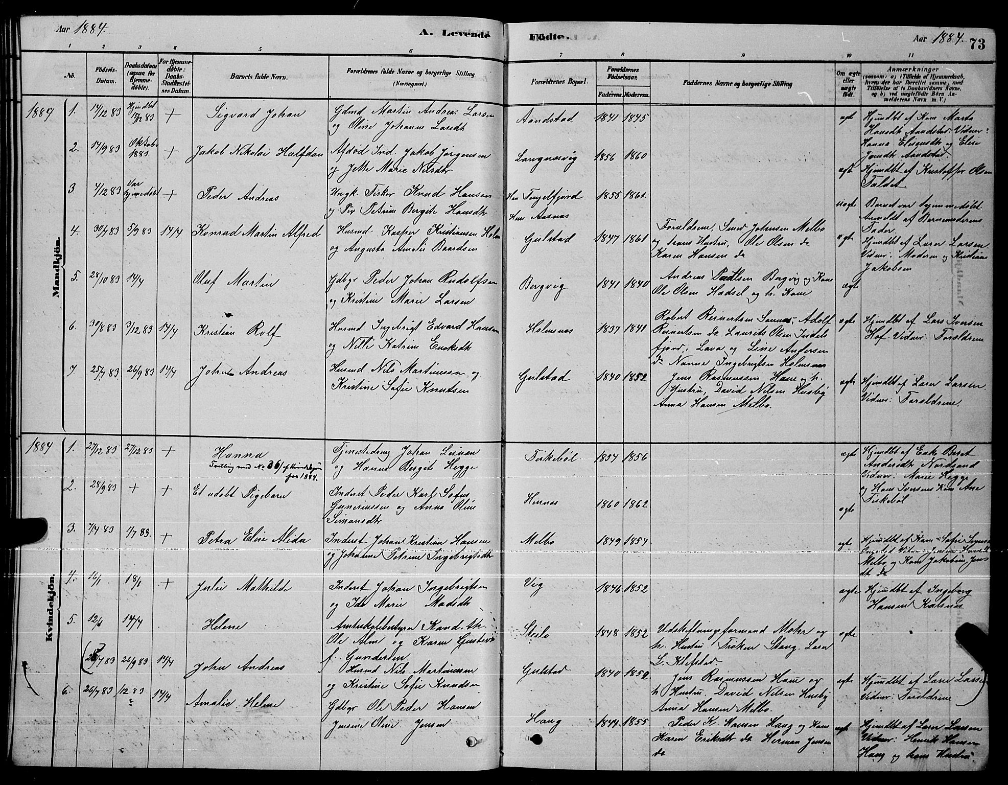 Ministerialprotokoller, klokkerbøker og fødselsregistre - Nordland, SAT/A-1459/888/L1267: Parish register (copy) no. 888C05, 1878-1890, p. 73