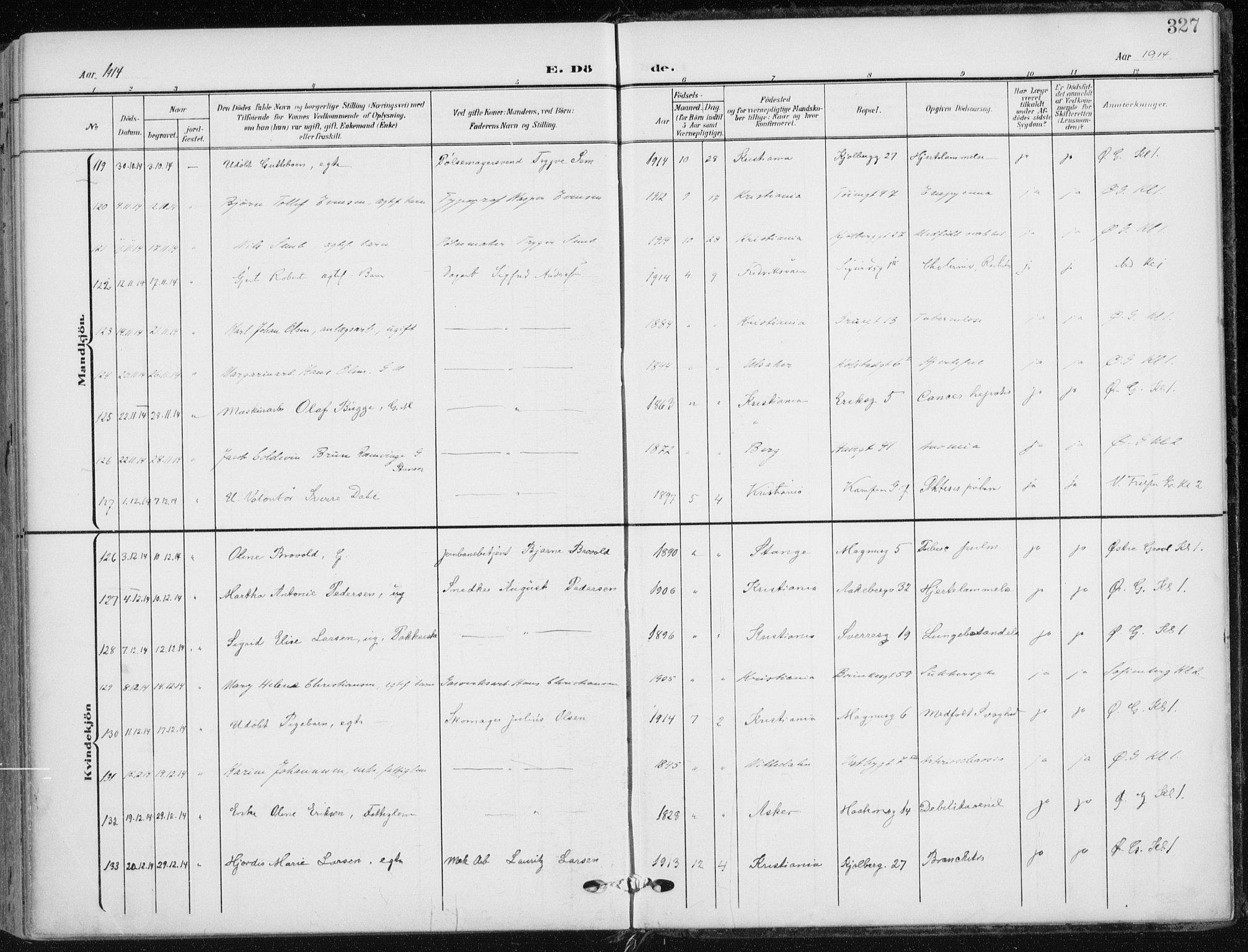 Kampen prestekontor Kirkebøker, AV/SAO-A-10853/F/Fa/L0011: Parish register (official) no. I 11, 1907-1917, p. 327