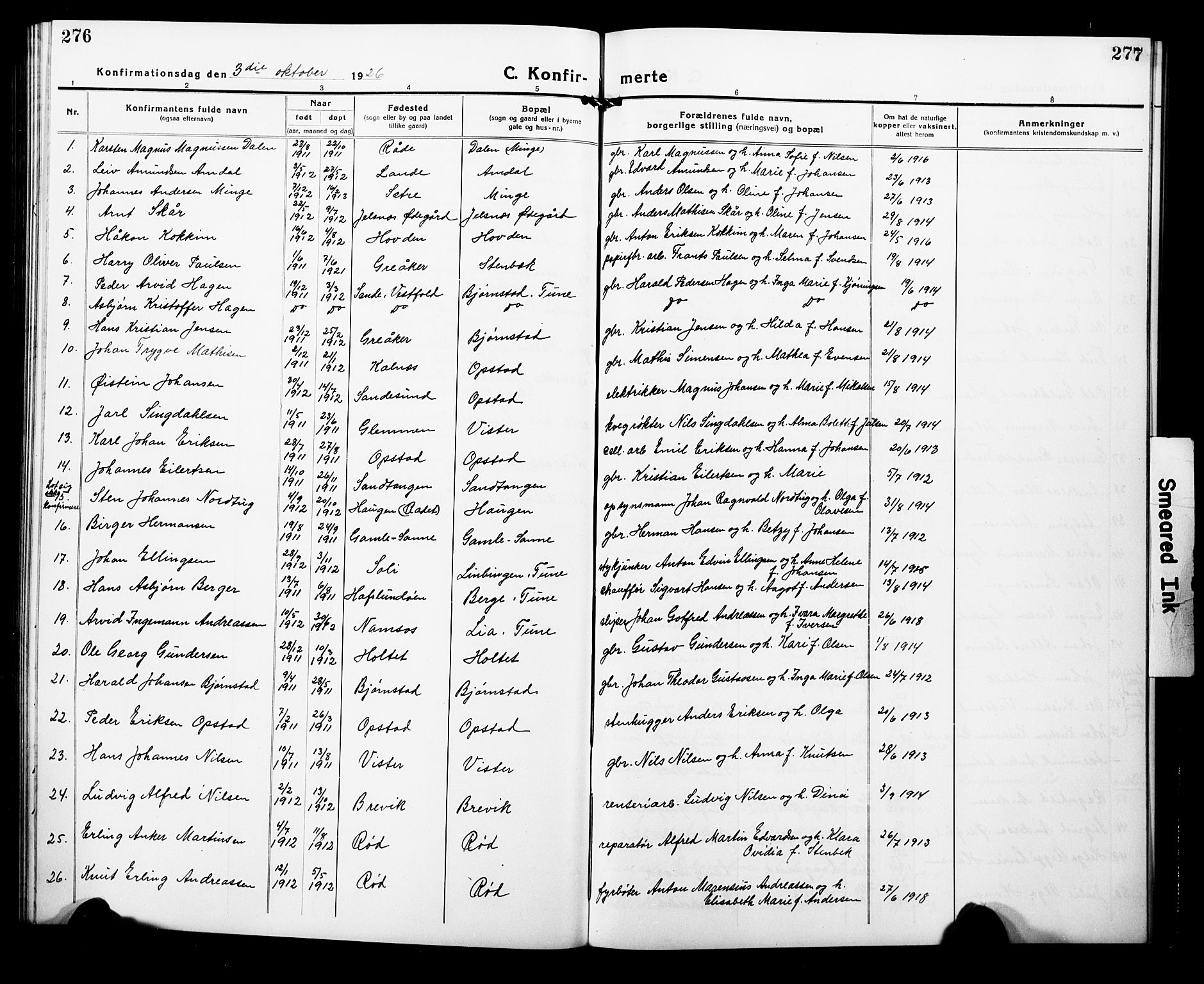Tune prestekontor Kirkebøker, AV/SAO-A-2007/G/Ga/L0004: Parish register (copy) no. I 4, 1919-1928, p. 276-277