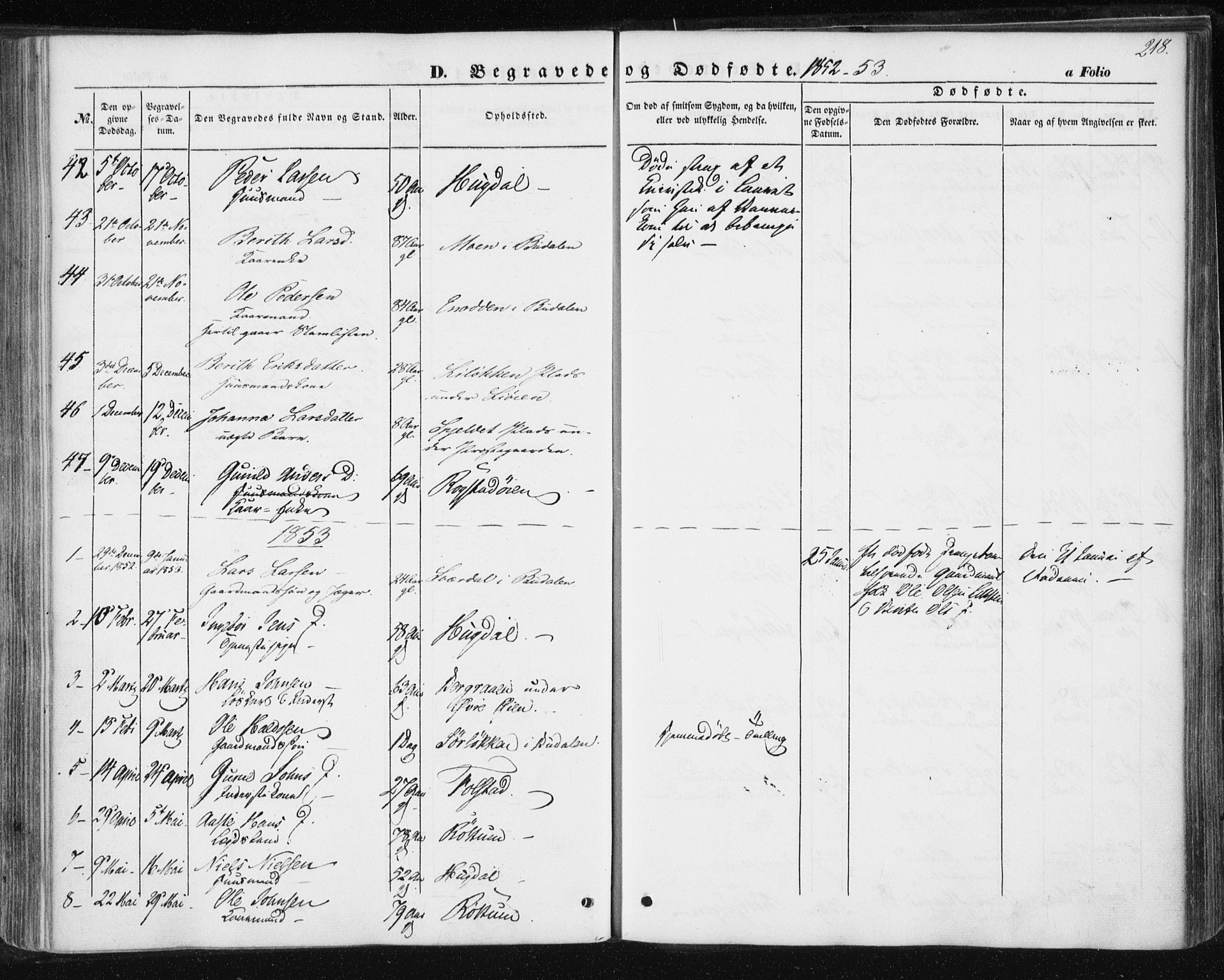 Ministerialprotokoller, klokkerbøker og fødselsregistre - Sør-Trøndelag, SAT/A-1456/687/L1000: Parish register (official) no. 687A06, 1848-1869, p. 218