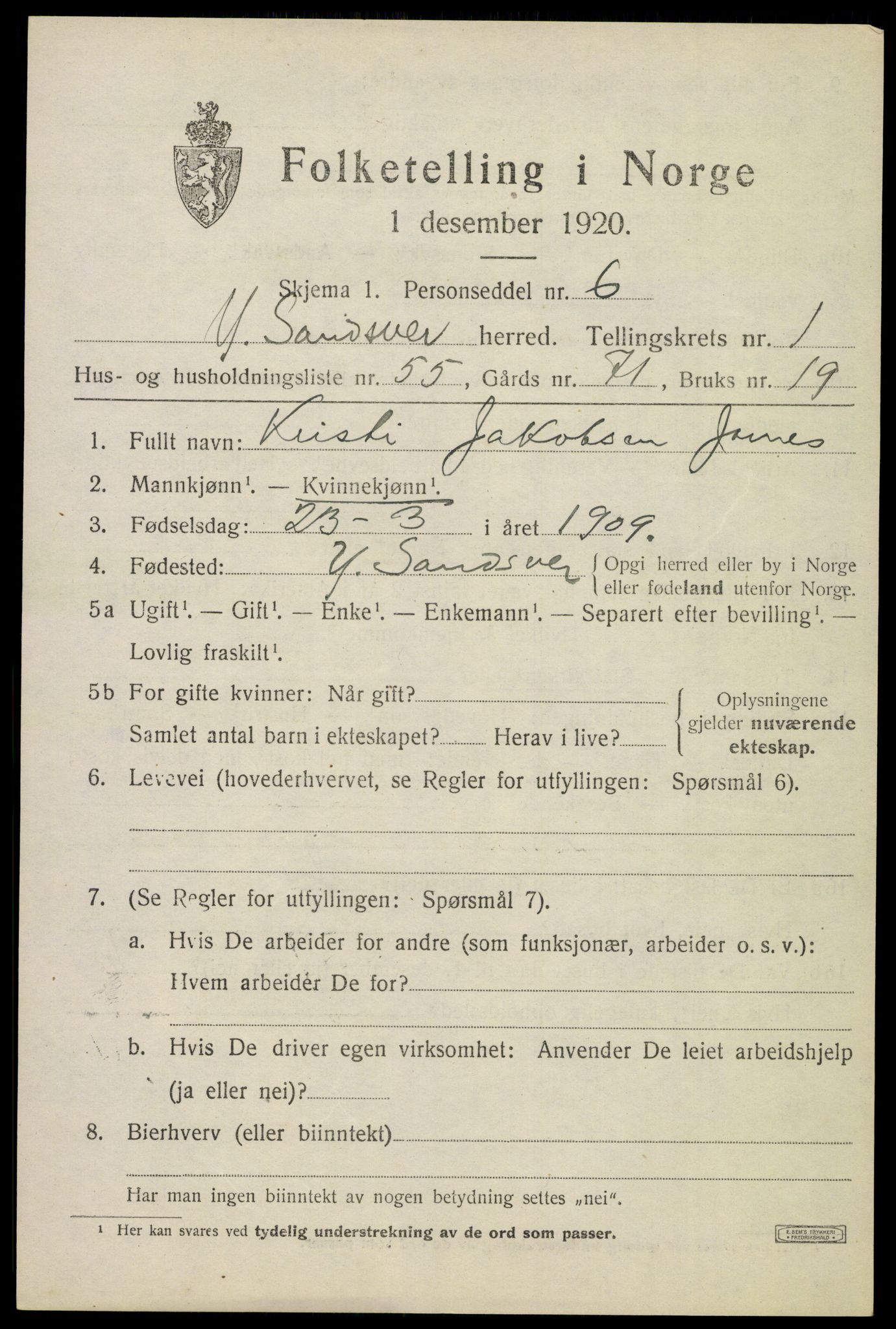 SAKO, 1920 census for Ytre Sandsvær, 1920, p. 1734