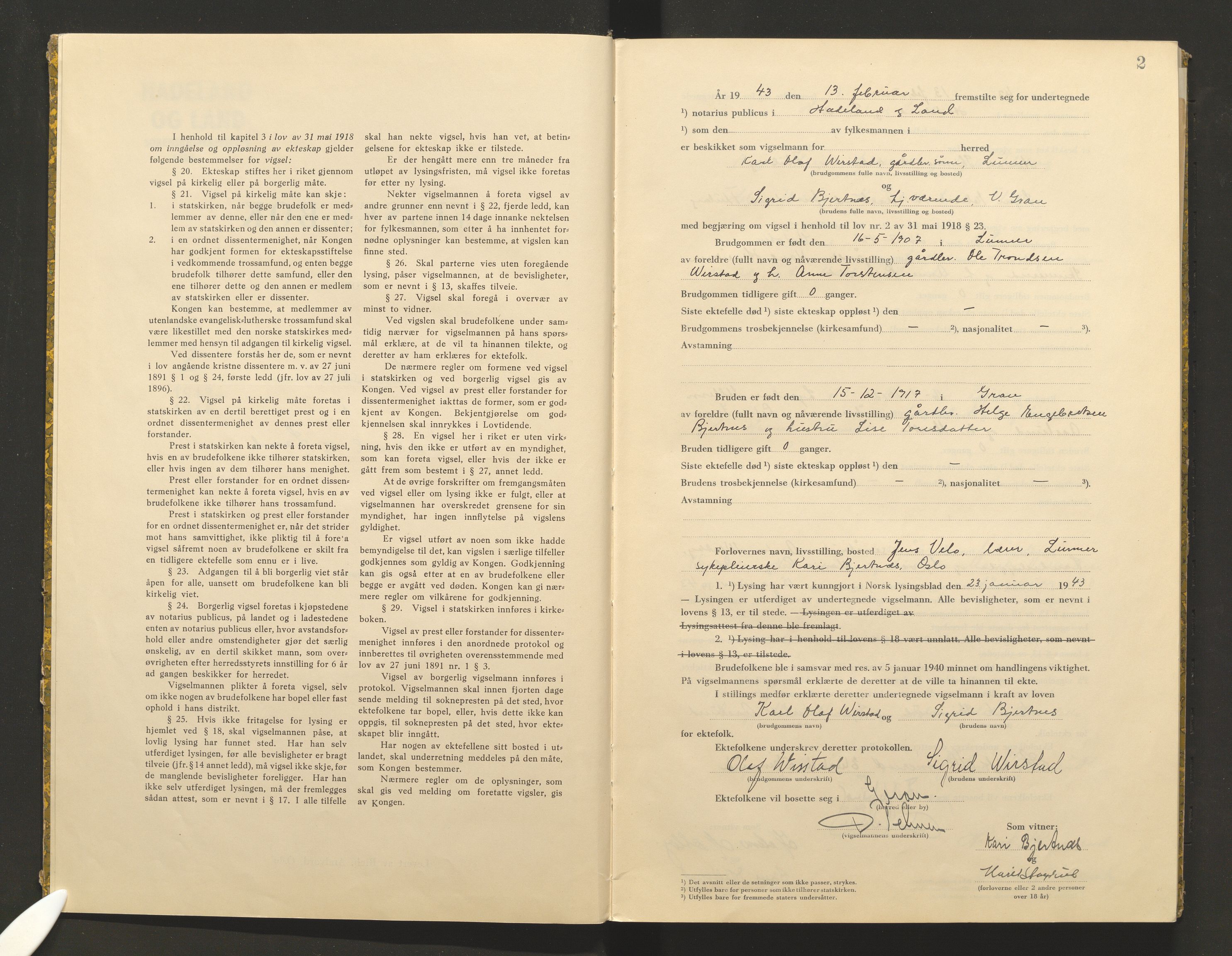Hadeland og Land tingrett, AV/SAH-TING-010/L/Lb/L0002: Vigselbok, 1943-1944, p. 2