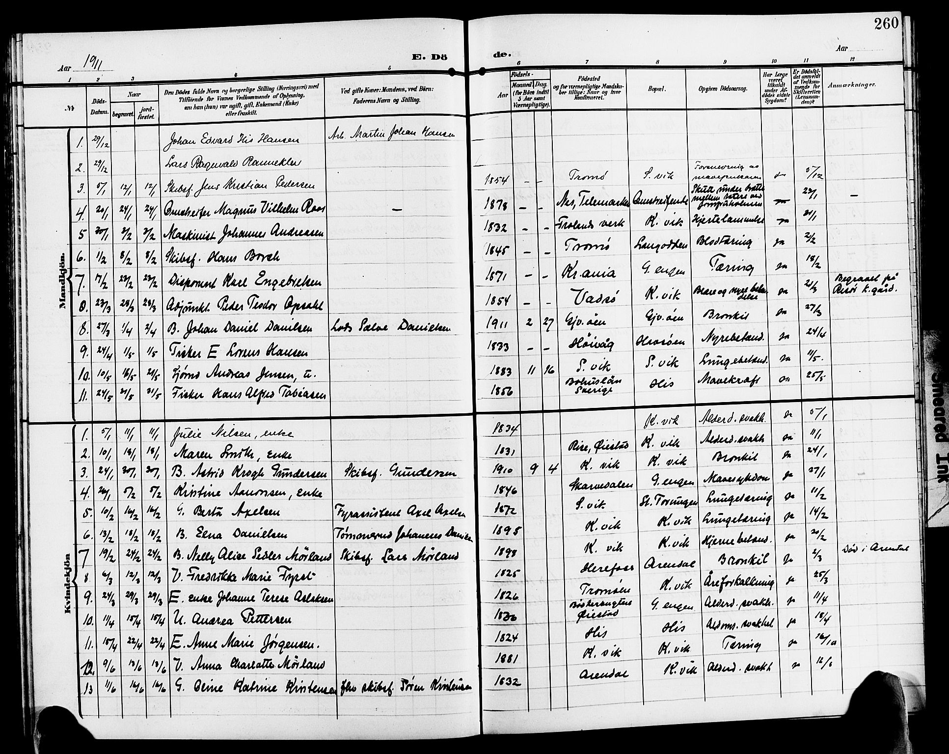 Hisøy sokneprestkontor, AV/SAK-1111-0020/F/Fb/L0004: Parish register (copy) no. B 4, 1905-1923, p. 260