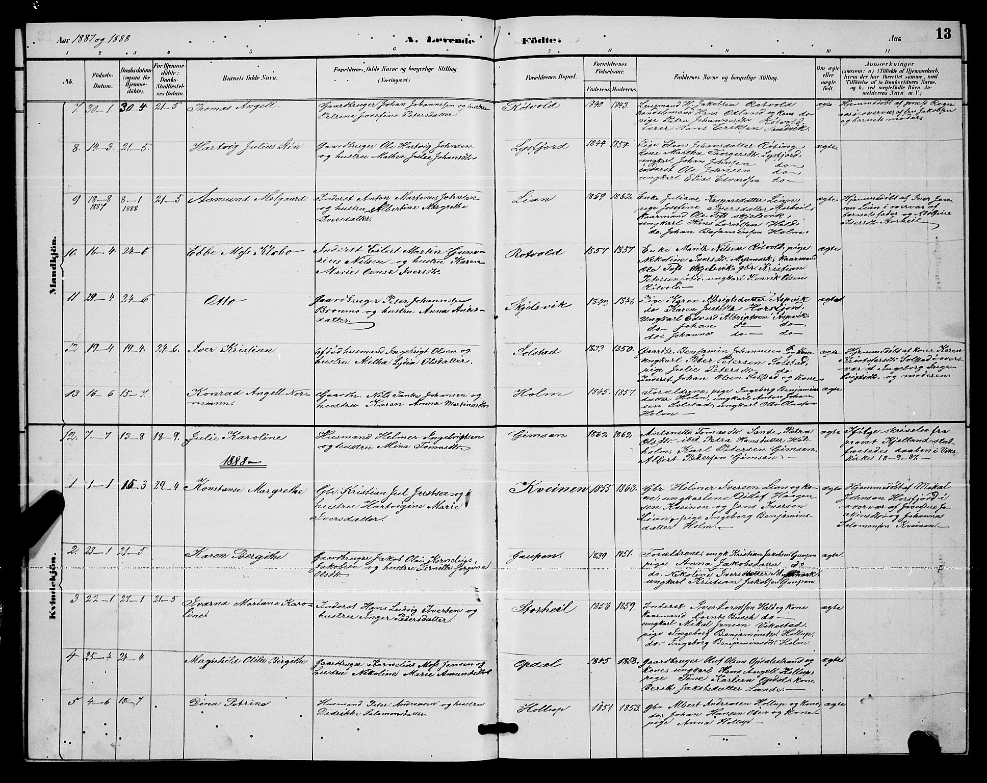 Ministerialprotokoller, klokkerbøker og fødselsregistre - Nordland, AV/SAT-A-1459/811/L0169: Parish register (copy) no. 811C01, 1884-1894, p. 13