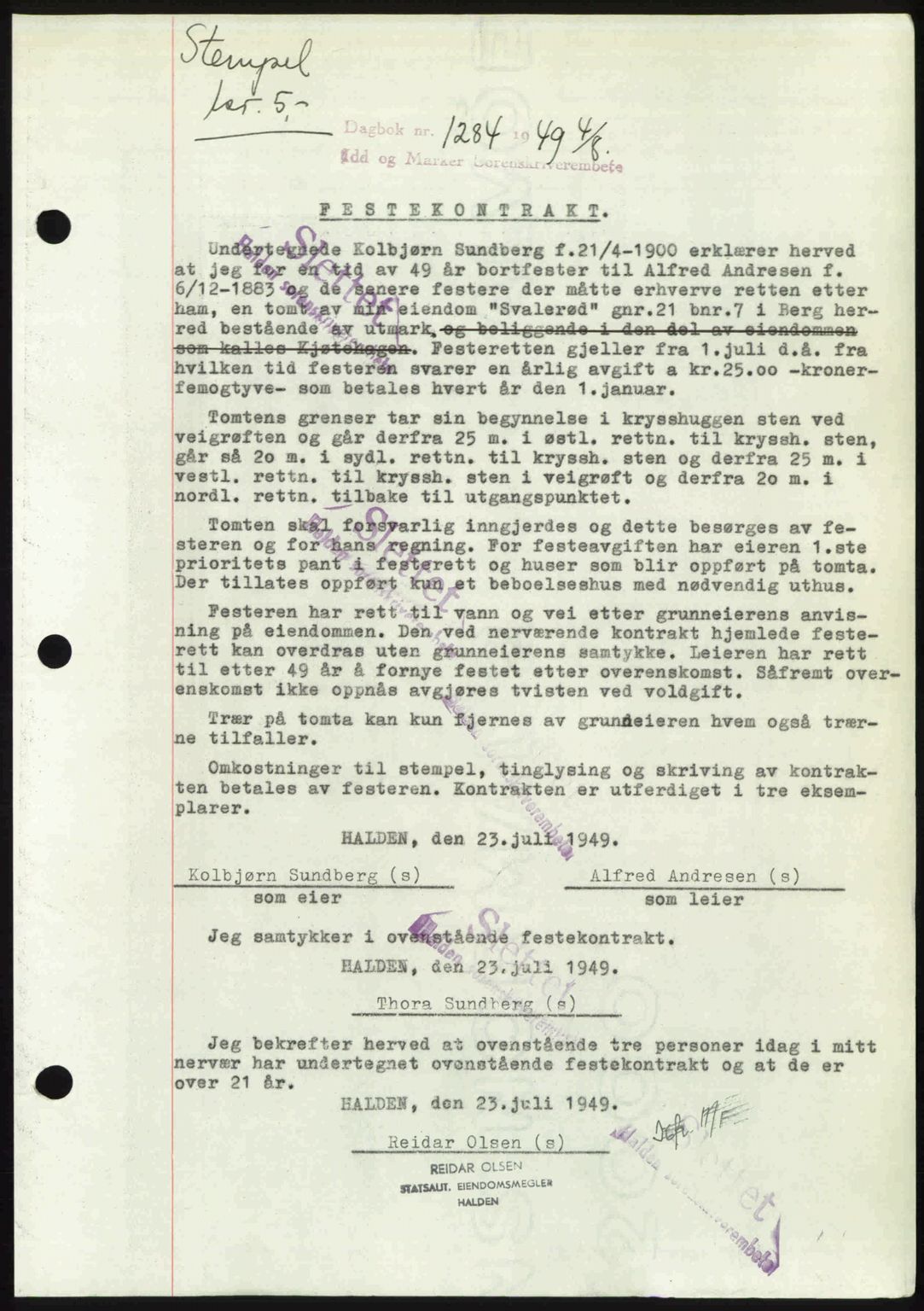 Idd og Marker sorenskriveri, AV/SAO-A-10283/G/Gb/Gbb/L0012: Mortgage book no. A12, 1949-1949, Diary no: : 1284/1949