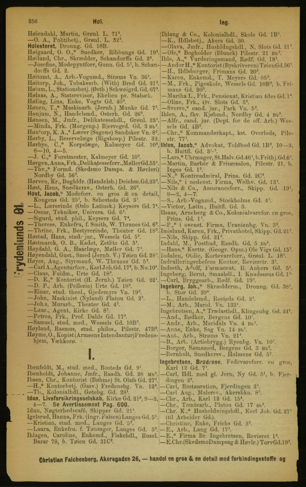 Kristiania/Oslo adressebok, PUBL/-, 1889, p. 256