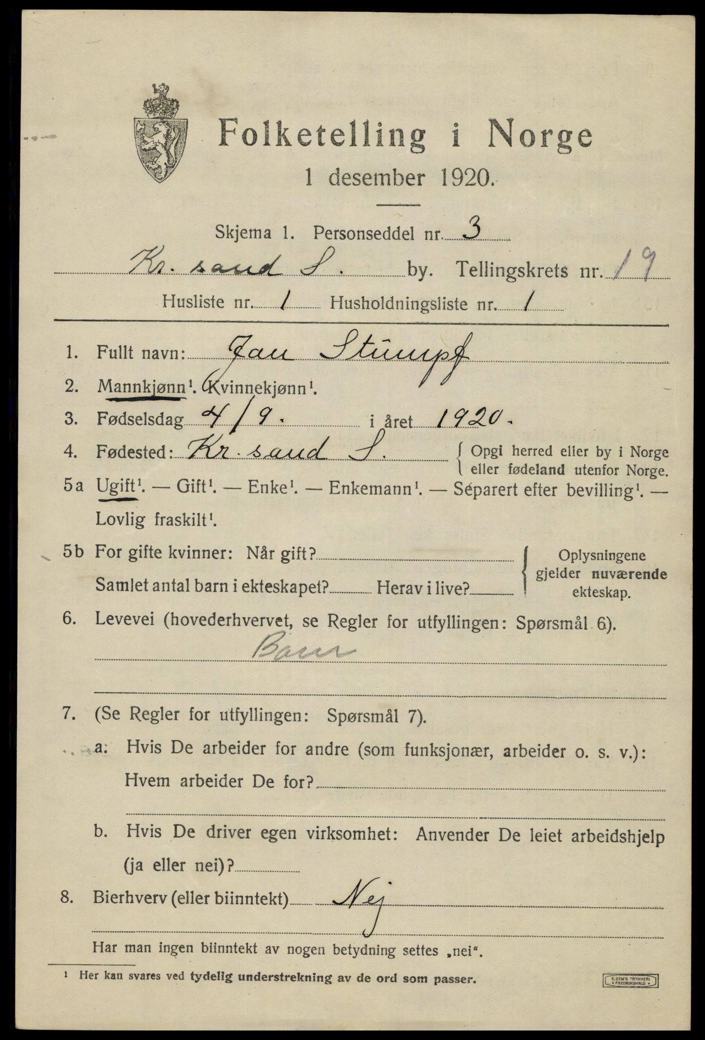 SAK, 1920 census for Kristiansand, 1920, p. 34845