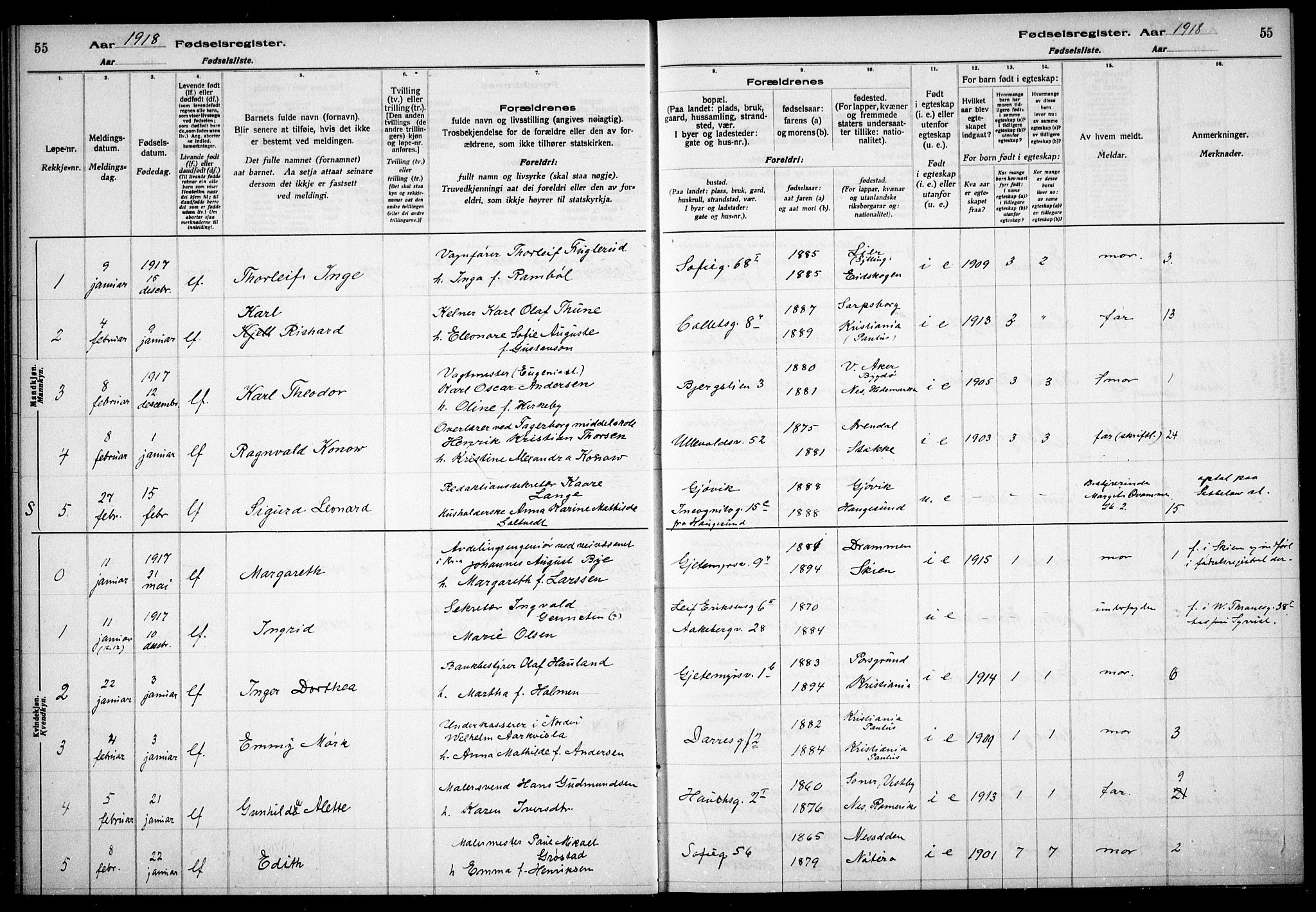 Gamle Aker prestekontor Kirkebøker, SAO/A-10617a/J/L0001: Birth register no. 1, 1916-1927, p. 55