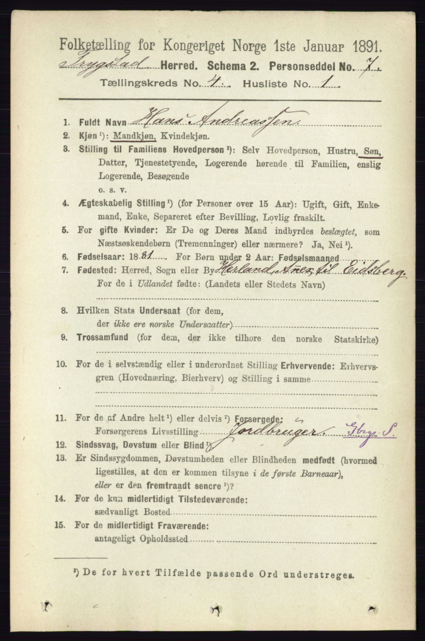 RA, 1891 Census for 0122 Trøgstad, 1891, p. 1585