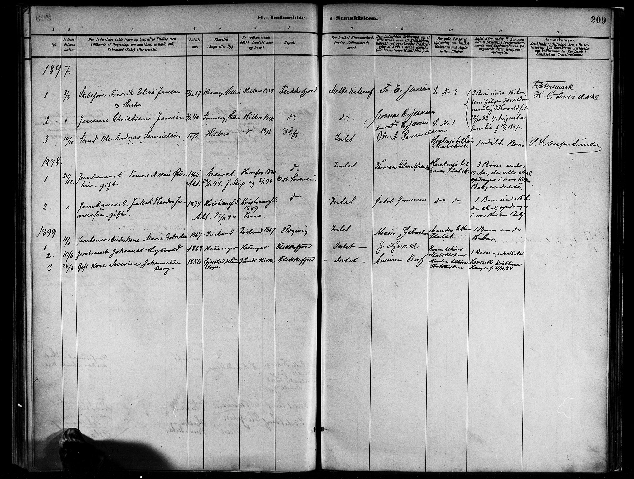 Flekkefjord sokneprestkontor, SAK/1111-0012/F/Fa/Faa/L0001: Parish register (official) no. A 1, 1885-1900, p. 209