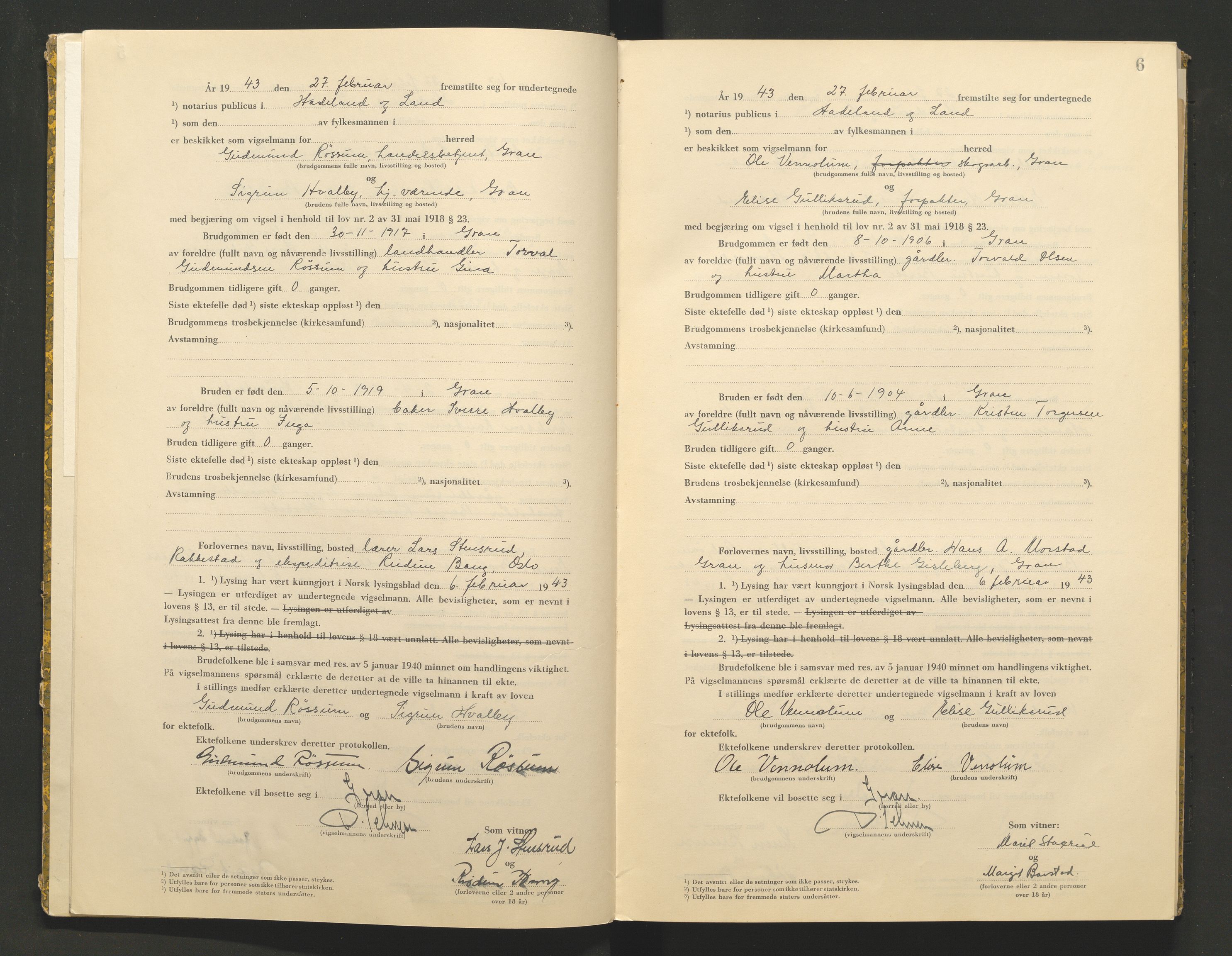 Hadeland og Land tingrett, AV/SAH-TING-010/L/Lb/L0002: Vigselbok, 1943-1944, p. 6