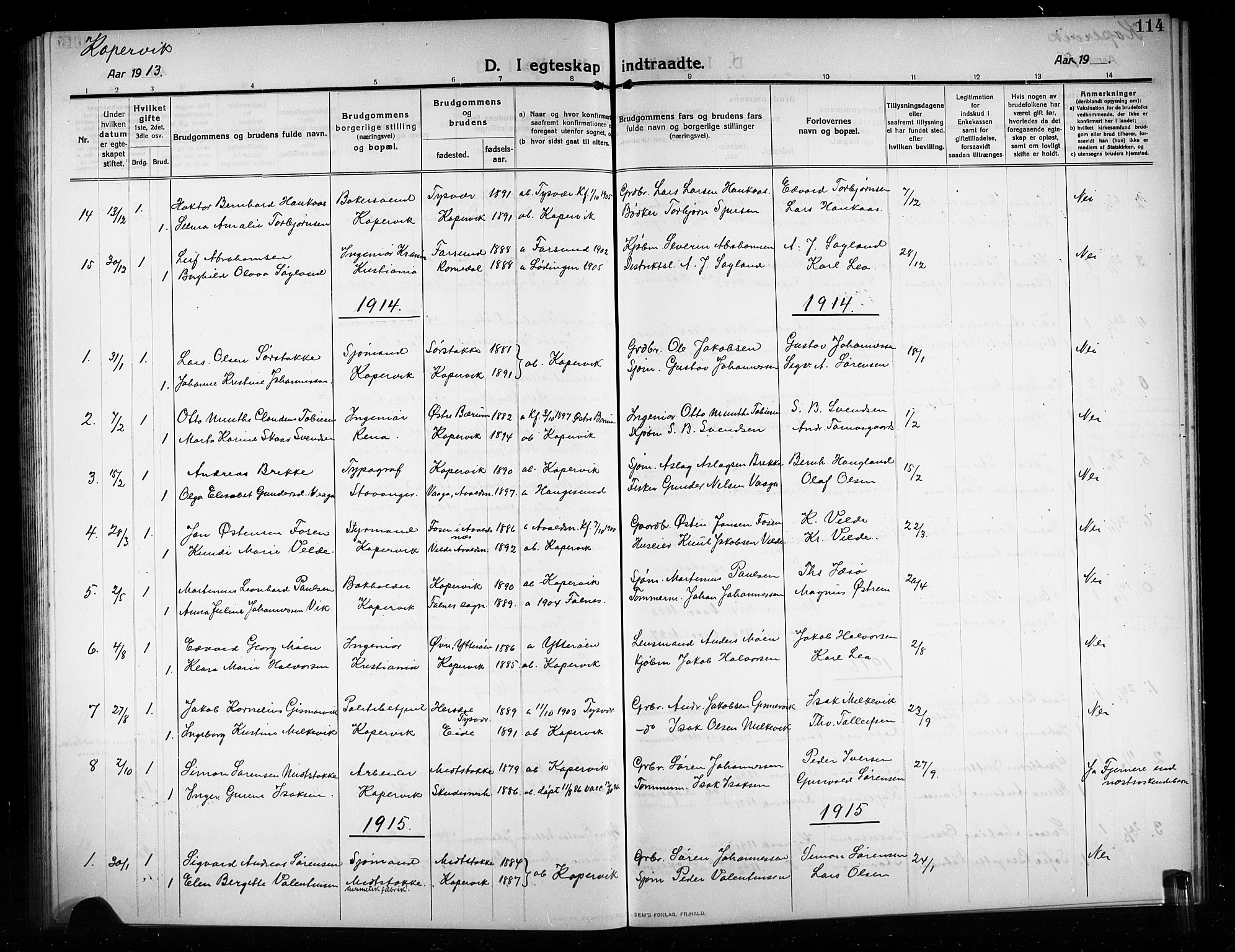 Kopervik sokneprestkontor, AV/SAST-A-101850/H/Ha/Hab/L0005: Parish register (copy) no. B 5, 1909-1918, p. 114