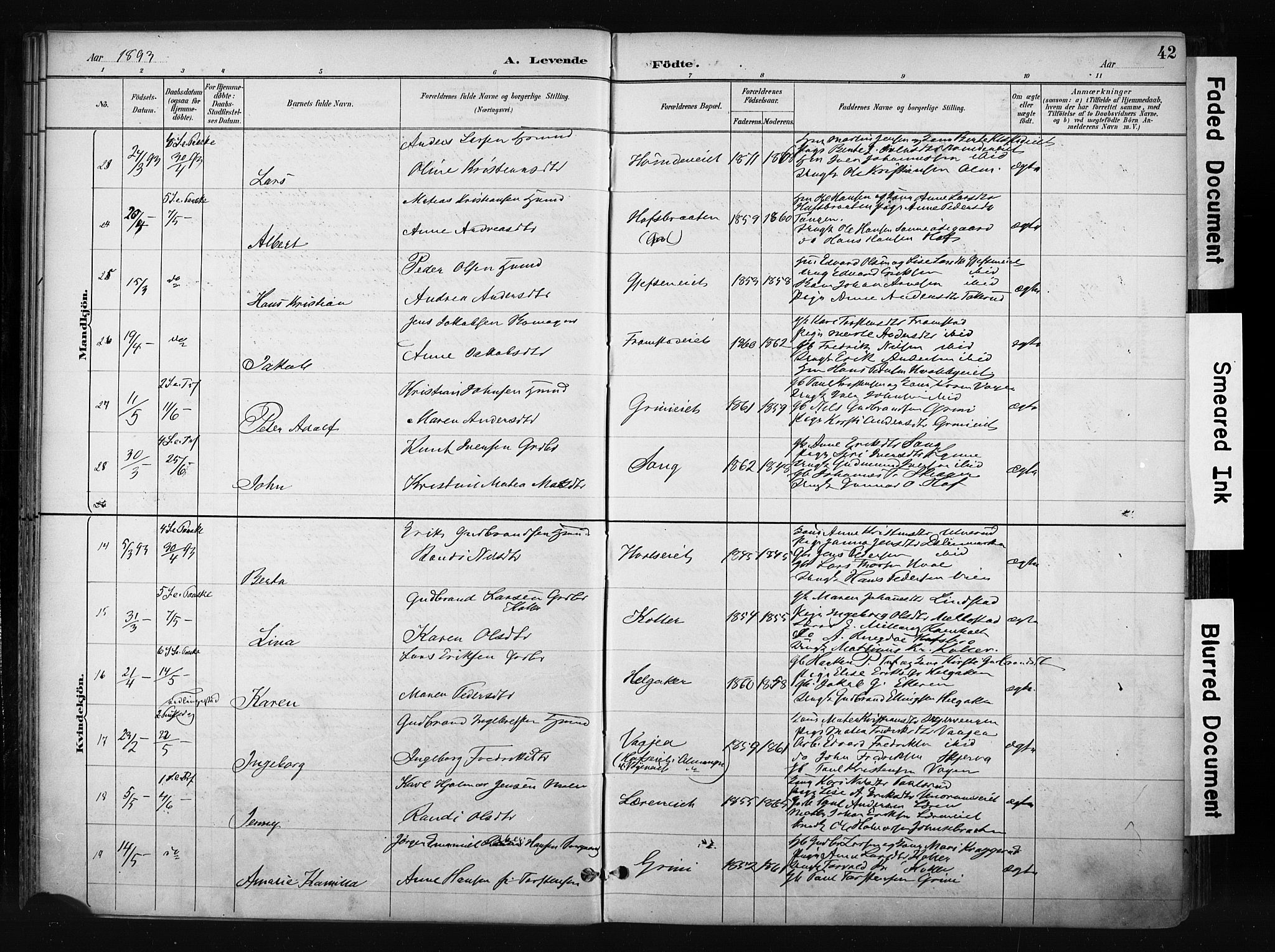 Gran prestekontor, AV/SAH-PREST-112/H/Ha/Haa/L0017: Parish register (official) no. 17, 1889-1897, p. 42