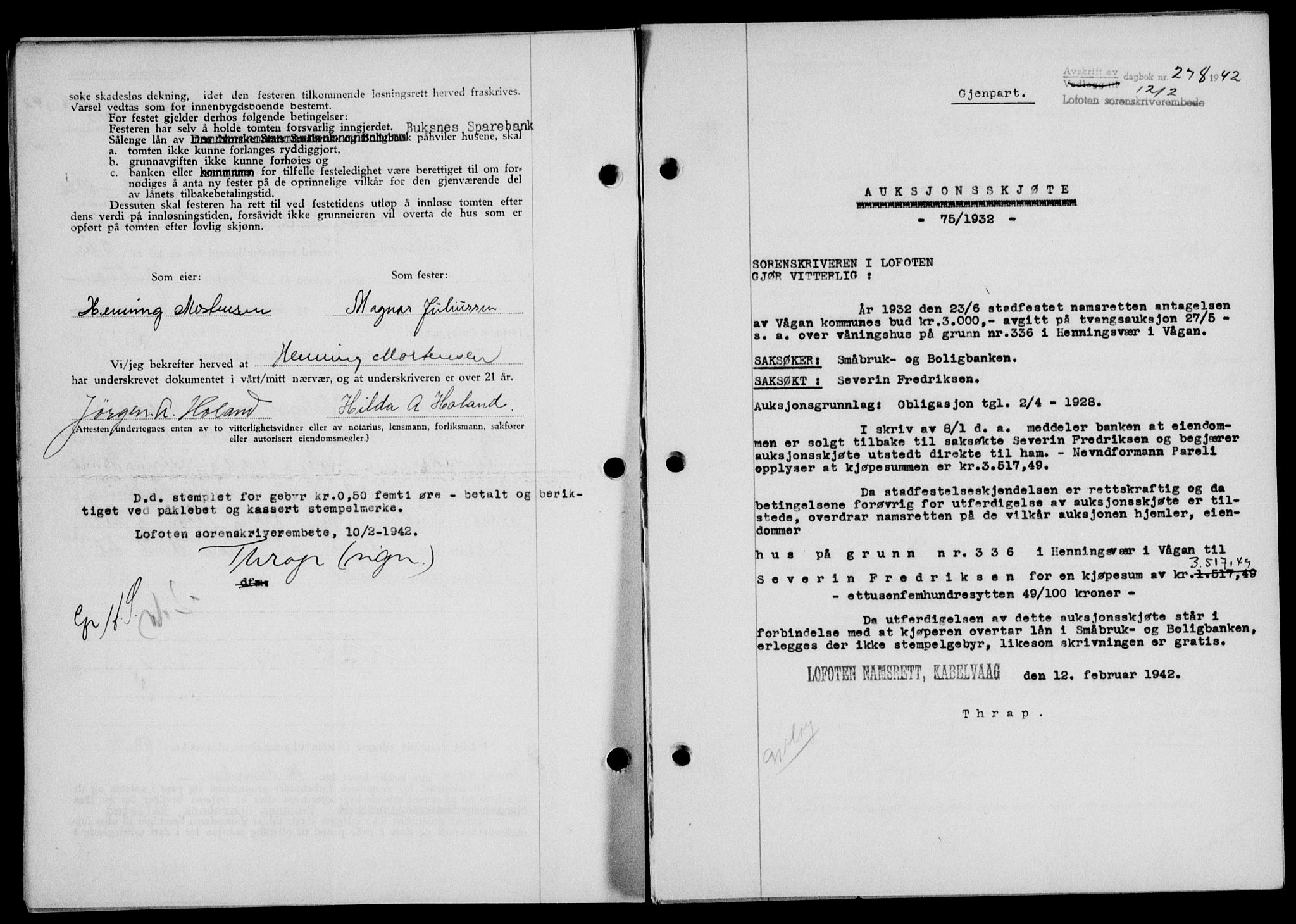 Lofoten sorenskriveri, SAT/A-0017/1/2/2C/L0009a: Mortgage book no. 9a, 1941-1942, Diary no: : 278/1942