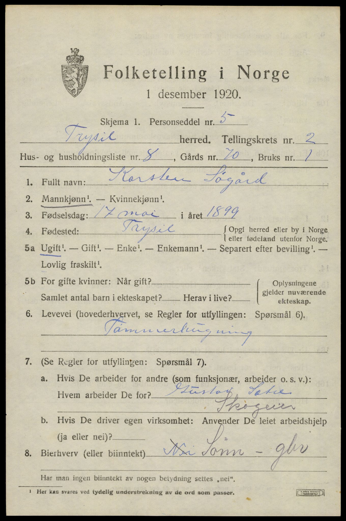 SAH, 1920 census for Trysil, 1920, p. 3175