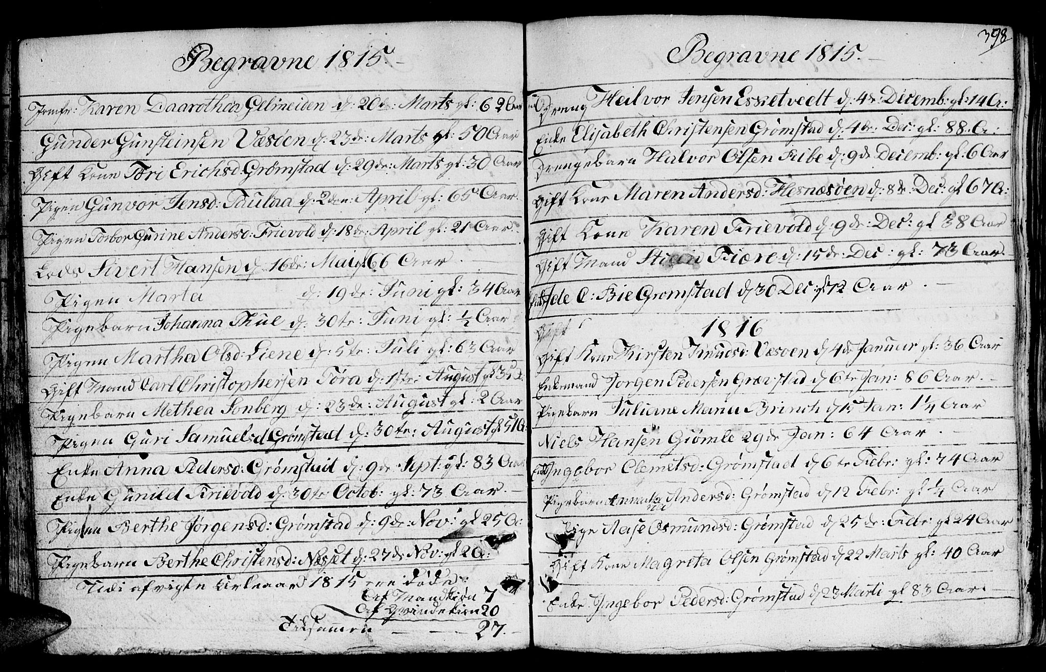 Fjære sokneprestkontor, SAK/1111-0011/F/Fb/L0006: Parish register (copy) no. B 6, 1803-1817, p. 398