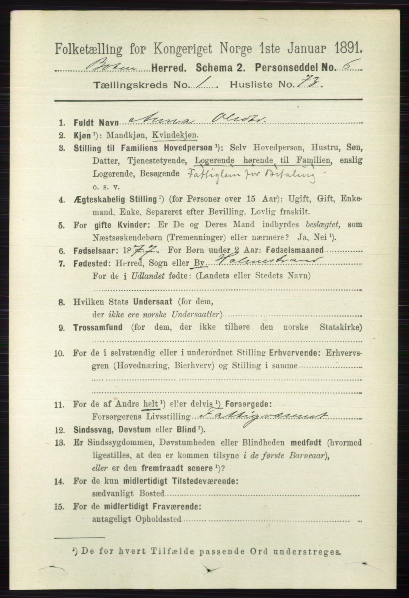 RA, 1891 census for 0715 Botne, 1891, p. 570