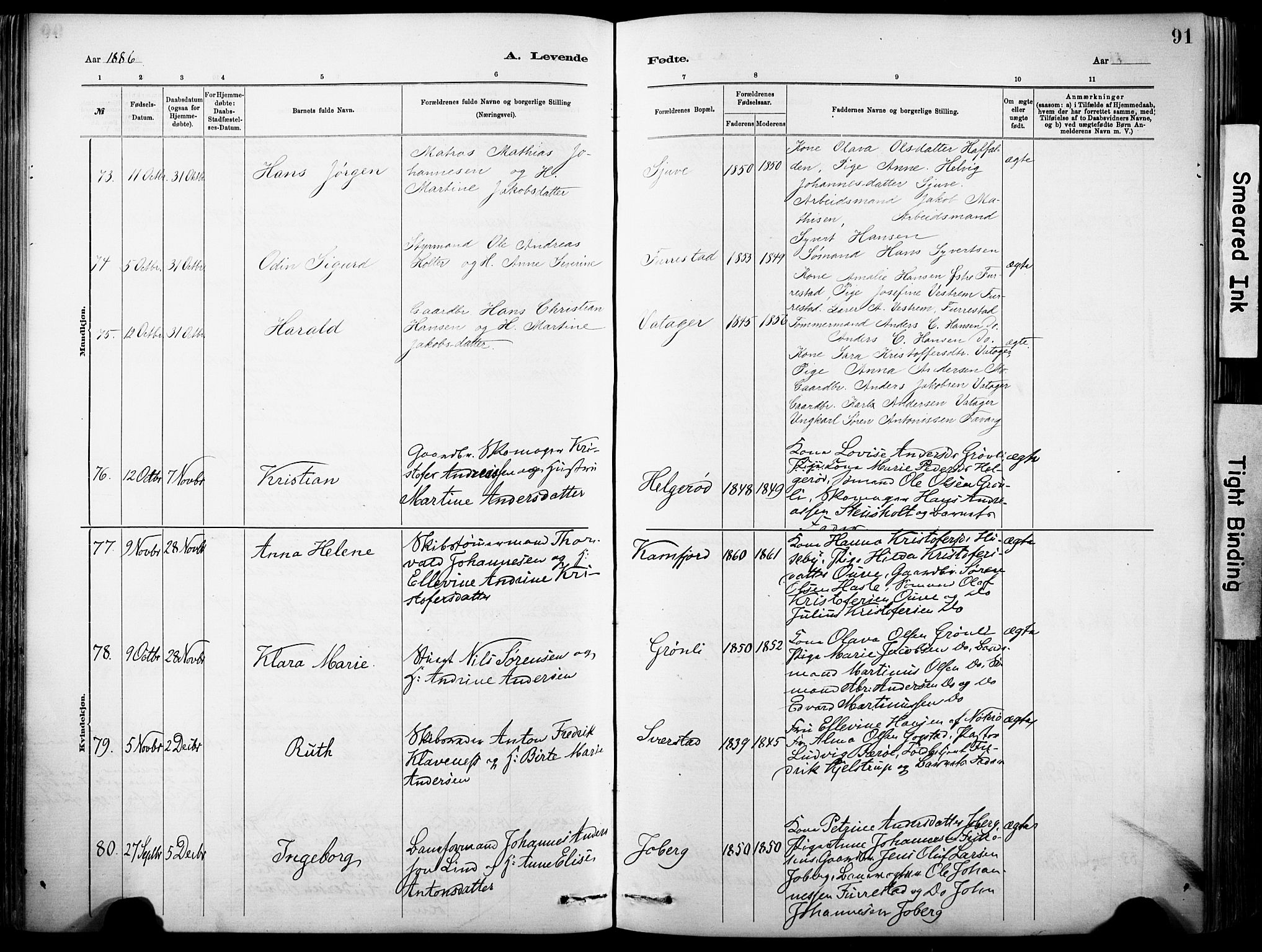 Sandar kirkebøker, SAKO/A-243/F/Fa/L0012: Parish register (official) no. 12, 1883-1895, p. 91