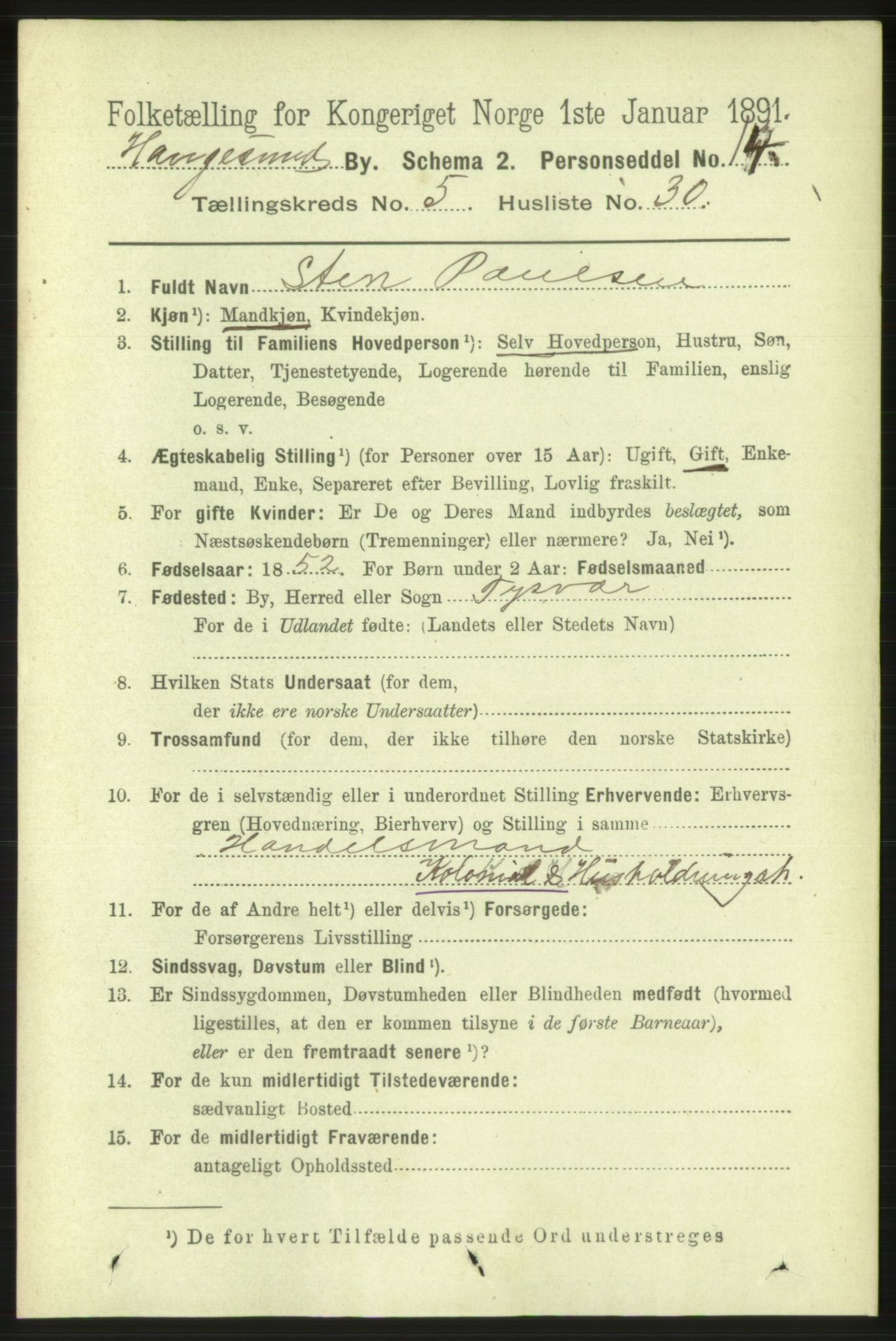 RA, 1891 census for 1106 Haugesund, 1891, p. 2546