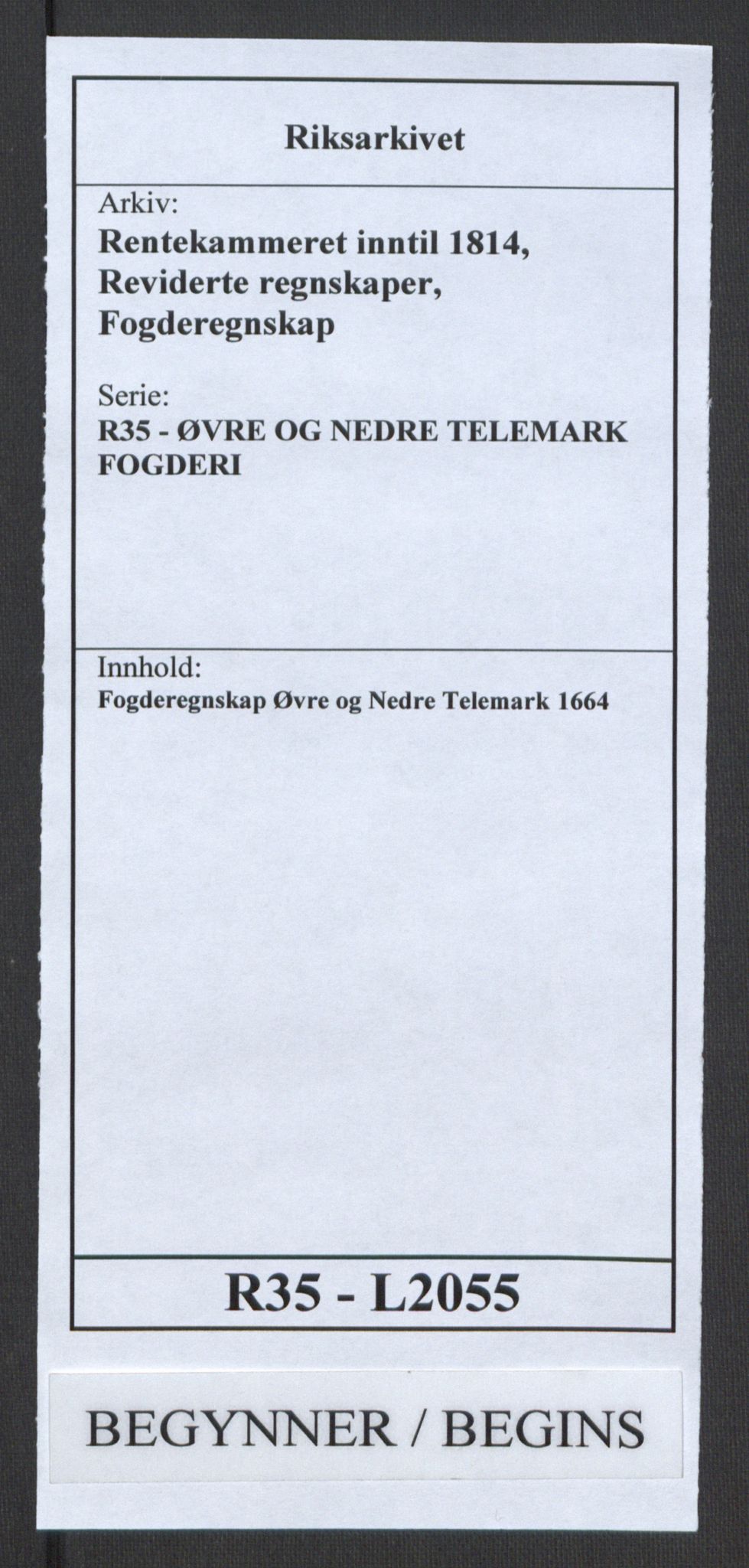 Rentekammeret inntil 1814, Reviderte regnskaper, Fogderegnskap, AV/RA-EA-4092/R35/L2055: Fogderegnskap Øvre og Nedre Telemark, 1664, p. 1