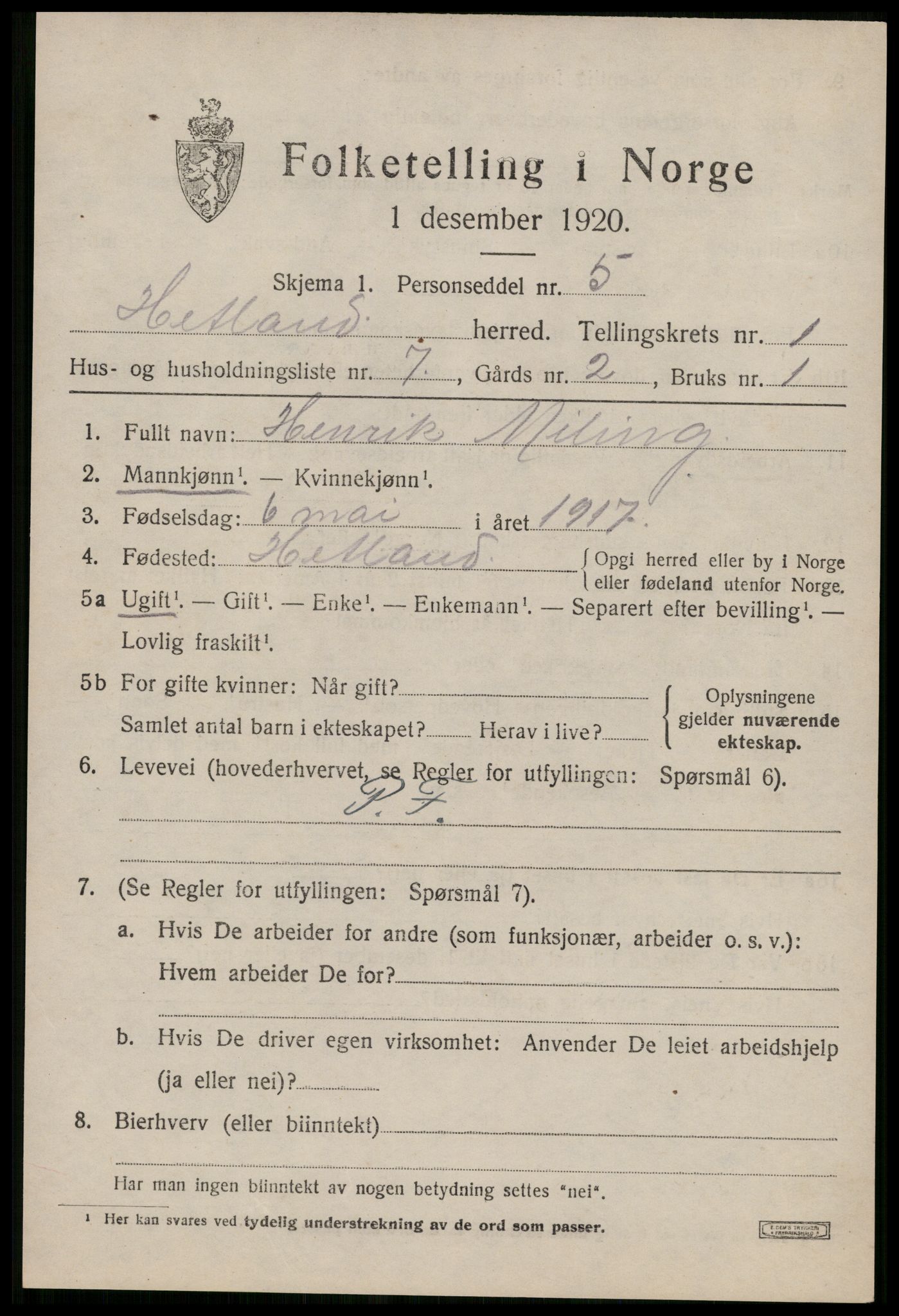 SAST, 1920 census for Hetland, 1920, p. 3633