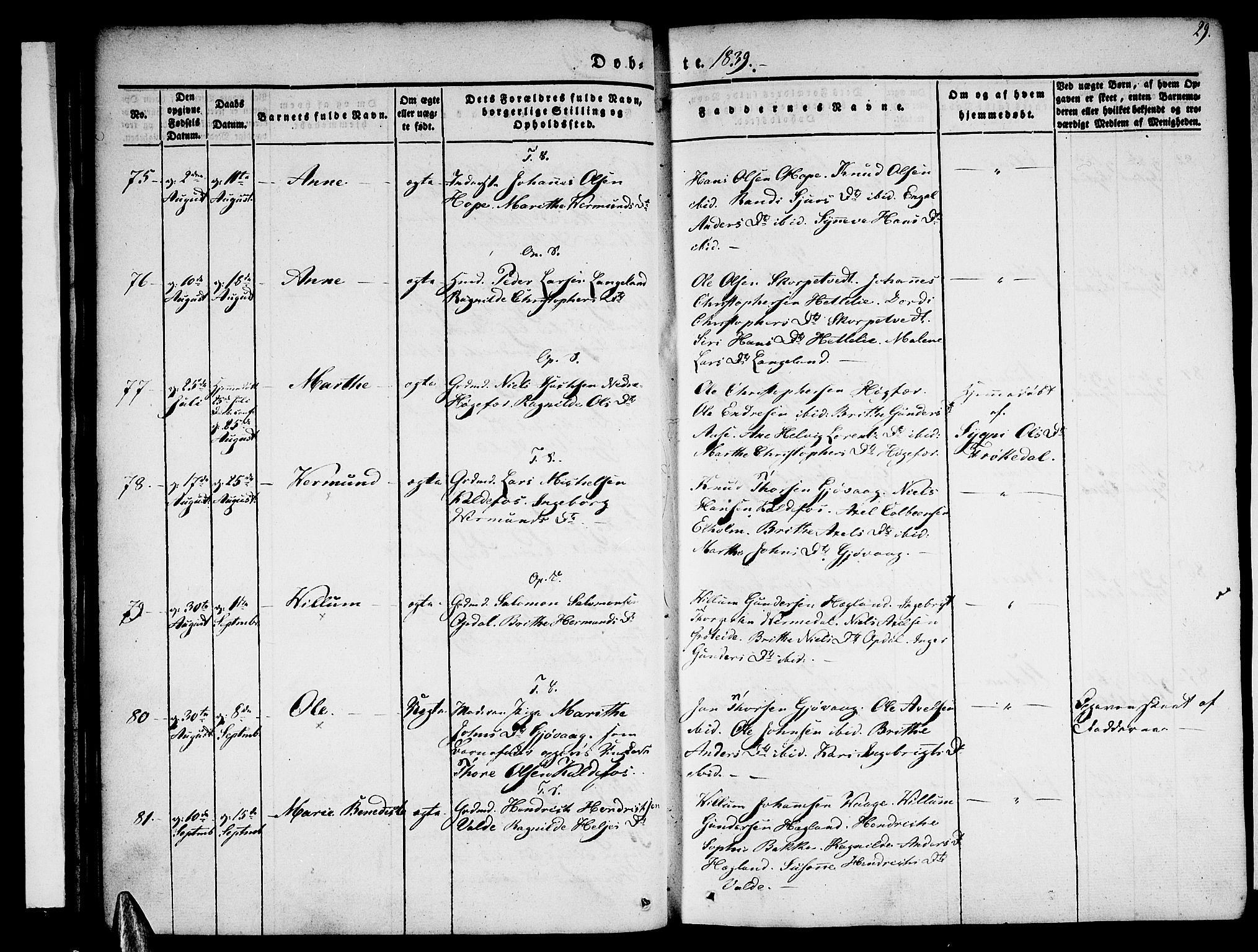Tysnes sokneprestembete, AV/SAB-A-78601/H/Haa: Parish register (official) no. A 9, 1837-1848, p. 29