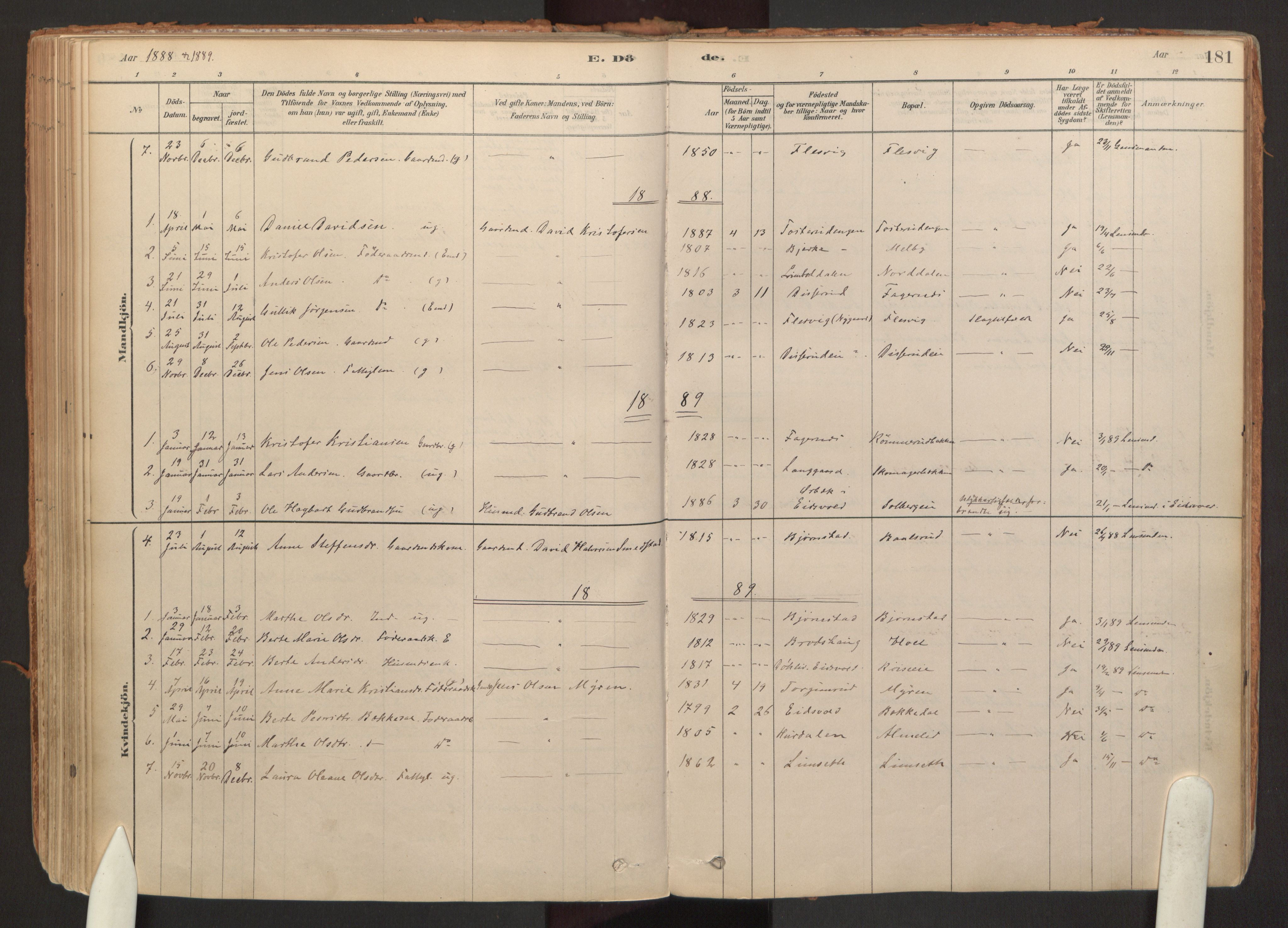 Hurdal prestekontor Kirkebøker, SAO/A-10889/F/Fb/L0003: Parish register (official) no. II 3, 1878-1920, p. 181