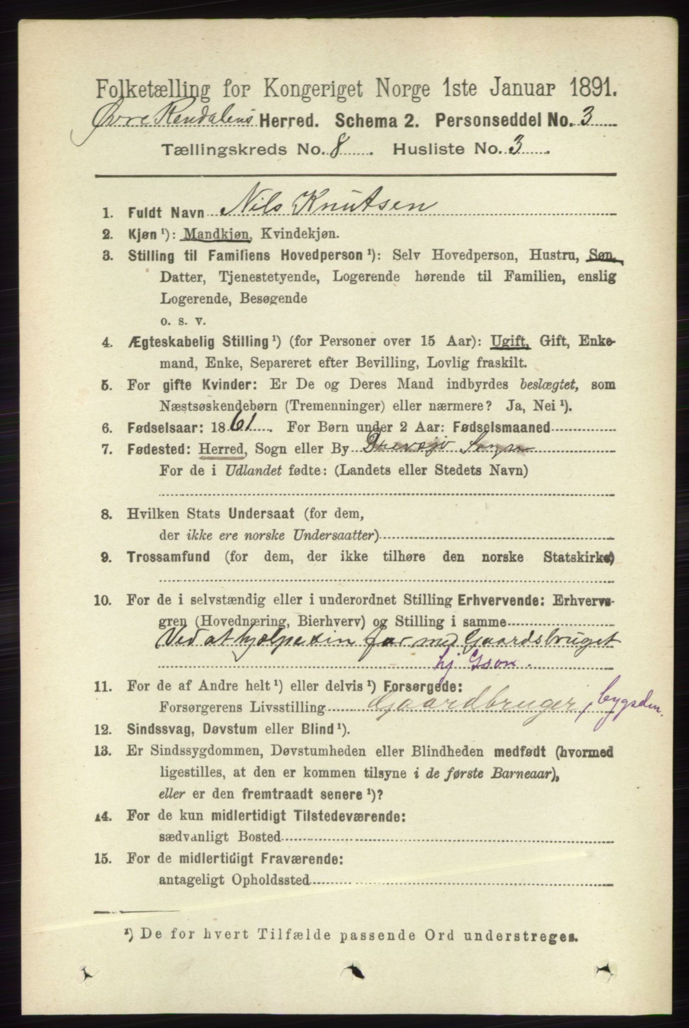 RA, 1891 census for 0433 Øvre Rendal, 1891, p. 2010
