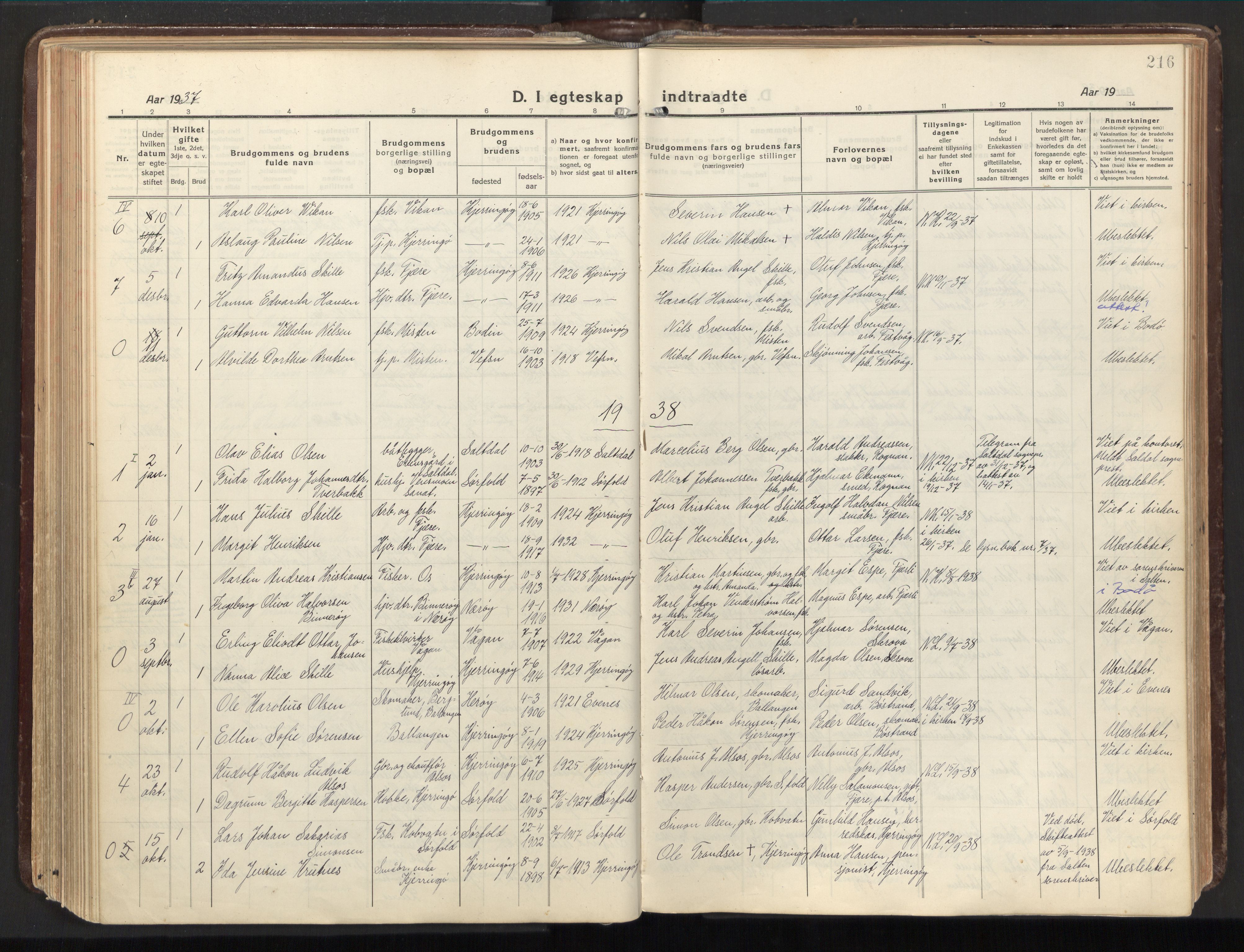 Ministerialprotokoller, klokkerbøker og fødselsregistre - Nordland, AV/SAT-A-1459/803/L0073: Parish register (official) no. 803A03, 1920-1955, p. 216