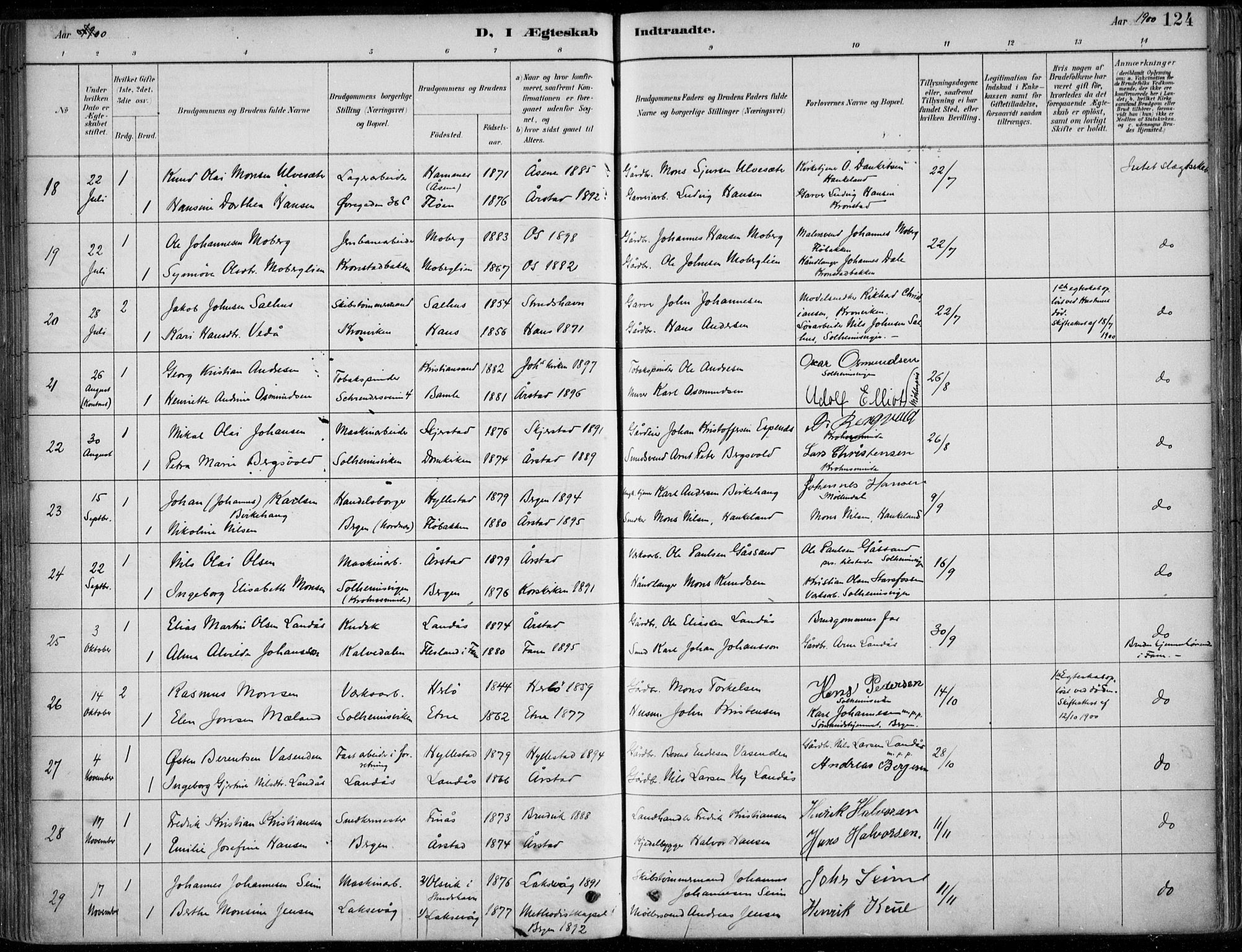 Årstad Sokneprestembete, AV/SAB-A-79301/H/Haa/L0006: Parish register (official) no. B 1, 1886-1901, p. 124