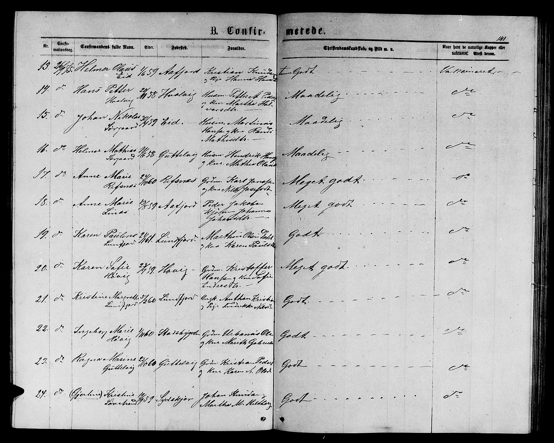 Ministerialprotokoller, klokkerbøker og fødselsregistre - Sør-Trøndelag, SAT/A-1456/656/L0695: Parish register (copy) no. 656C01, 1867-1889, p. 141