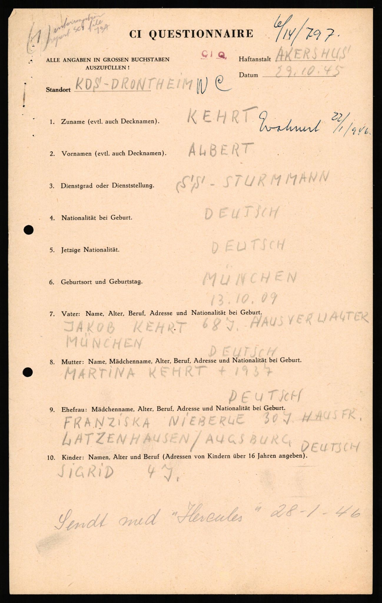 Forsvaret, Forsvarets overkommando II, AV/RA-RAFA-3915/D/Db/L0016: CI Questionaires. Tyske okkupasjonsstyrker i Norge. Tyskere., 1945-1946, p. 9