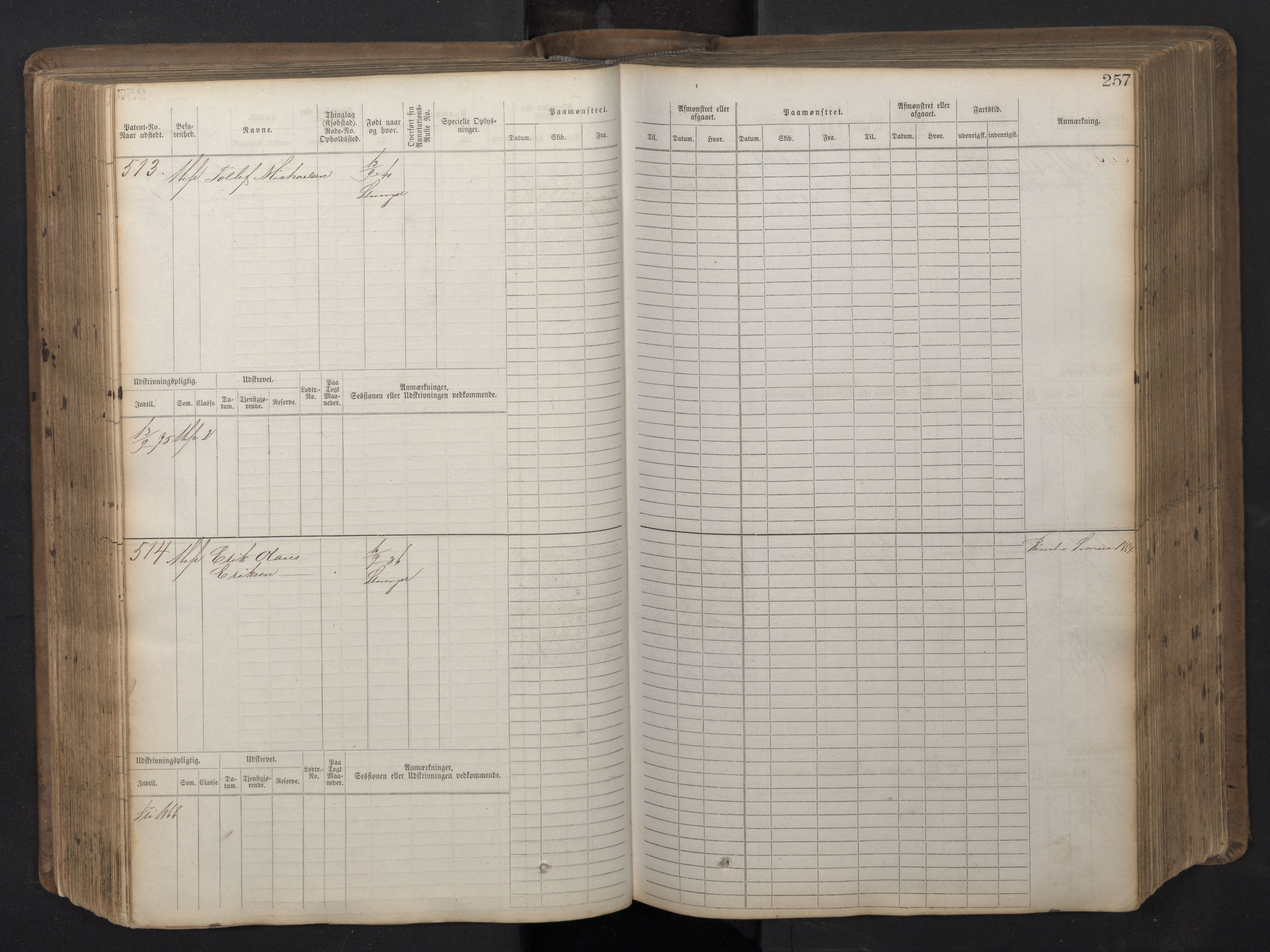 Stavanger sjømannskontor, AV/SAST-A-102006/F/Fb/Fbb/L0016: Sjøfartshovedrulle patnentnr. 1-1202 (dublett), 1869, p. 257