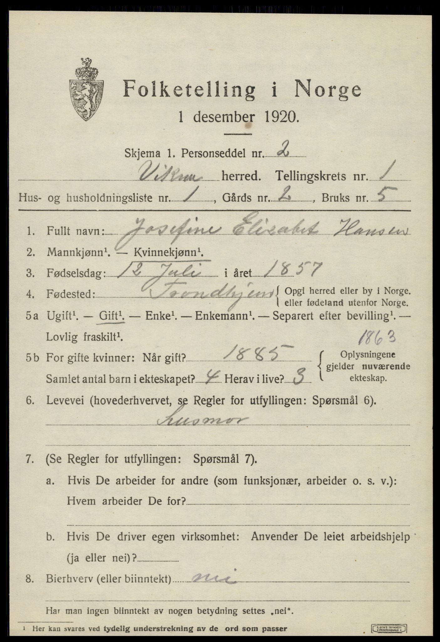 SAT, 1920 census for Vikna, 1920, p. 1145