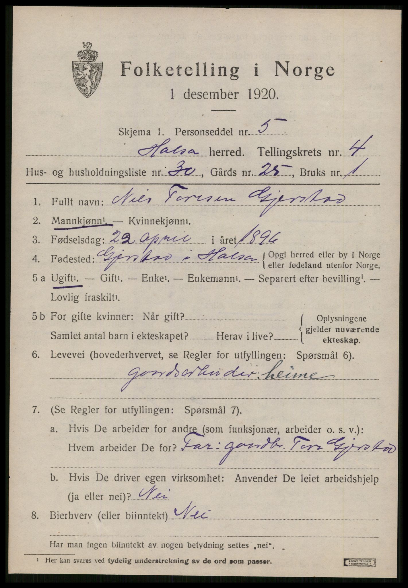 SAT, 1920 census for Halsa, 1920, p. 1999