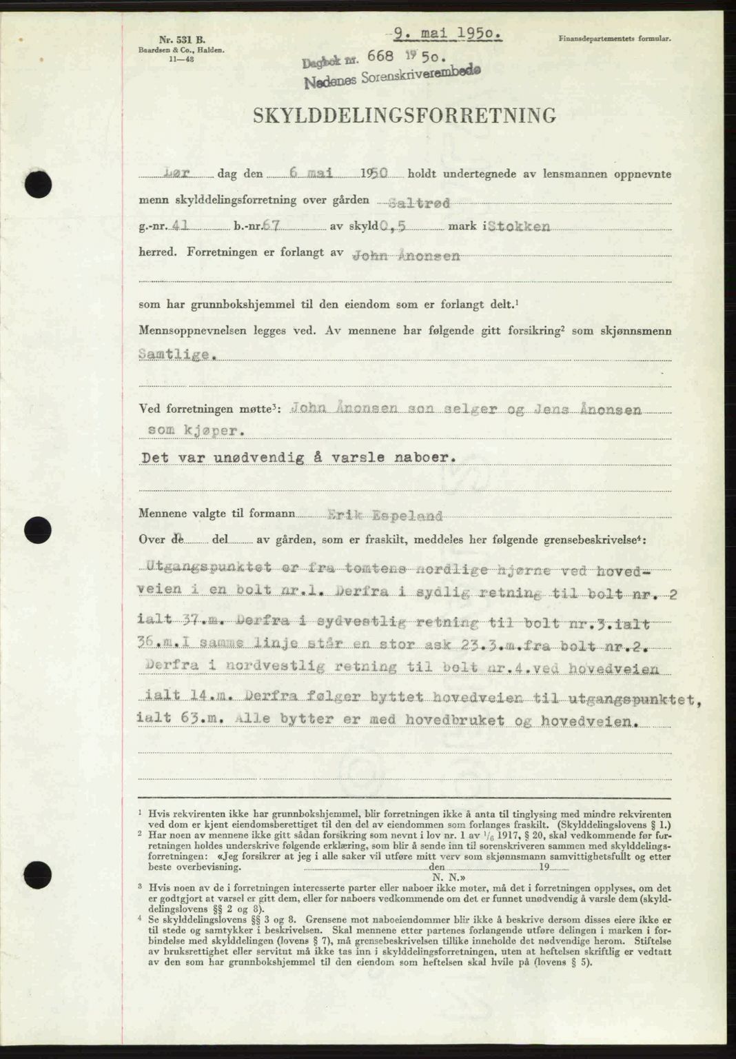 Nedenes sorenskriveri, AV/SAK-1221-0006/G/Gb/Gba/L0062: Mortgage book no. A14, 1949-1950, Diary no: : 668/1950