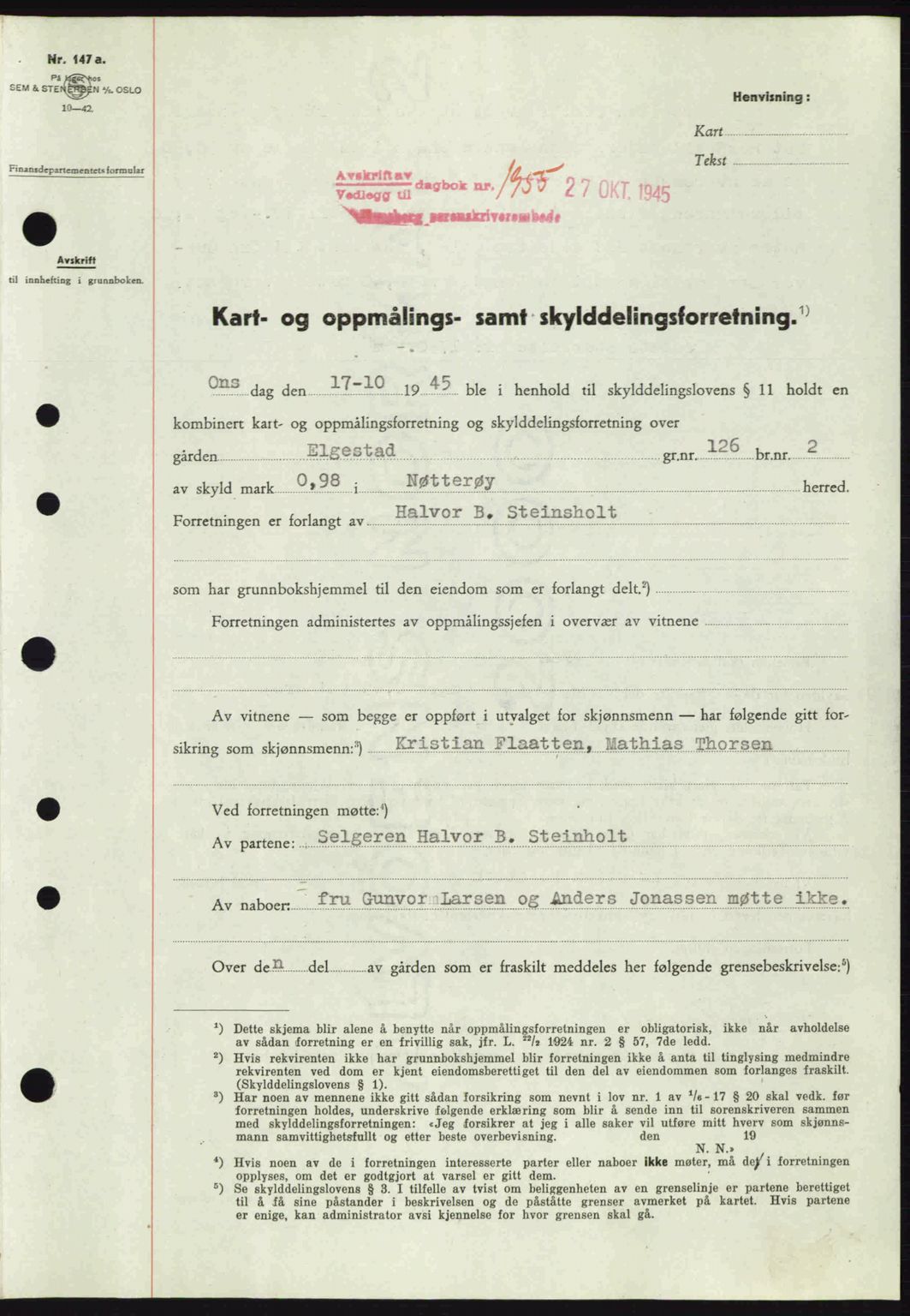 Tønsberg sorenskriveri, AV/SAKO-A-130/G/Ga/Gaa/L0017a: Mortgage book no. A17a, 1945-1945, Diary no: : 1955/1945