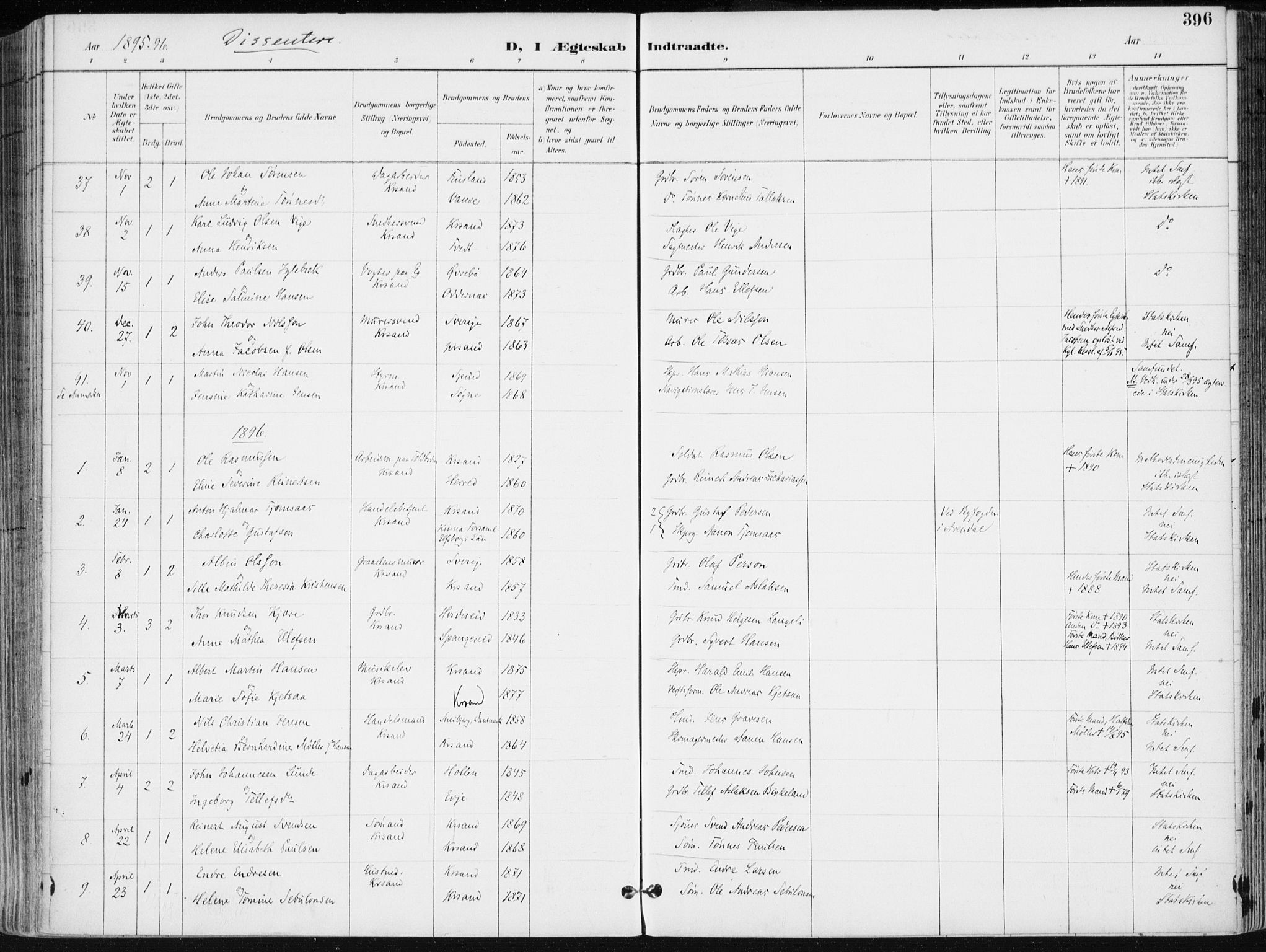 Kristiansand domprosti, SAK/1112-0006/F/Fa/L0019: Parish register (official) no. A 18, 1890-1897, p. 396