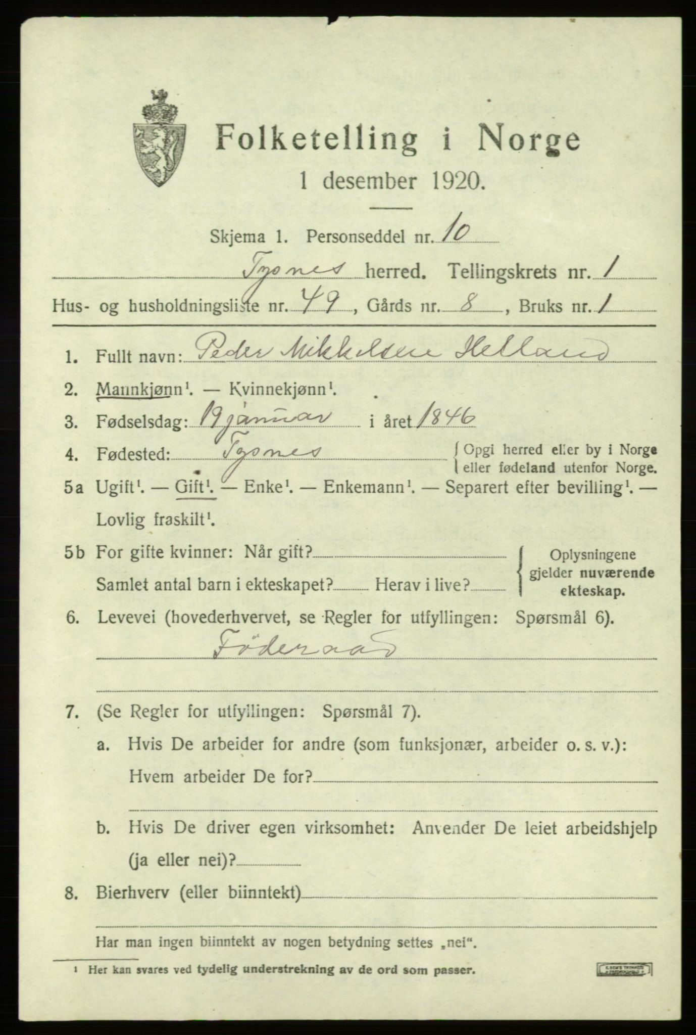 SAB, 1920 census for Tysnes, 1920, p. 2264