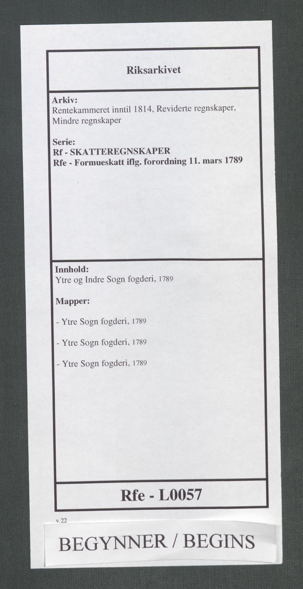 Rentekammeret inntil 1814, Reviderte regnskaper, Mindre regnskaper, AV/RA-EA-4068/Rf/Rfe/L0057: Ytre og Indre Sogn fogderi, 1789, p. 1