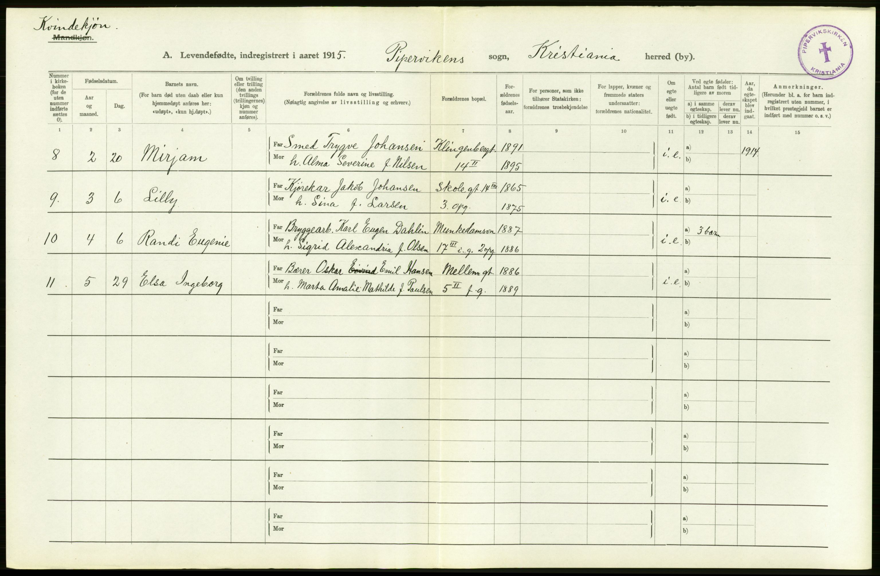 Statistisk sentralbyrå, Sosiodemografiske emner, Befolkning, RA/S-2228/D/Df/Dfb/Dfbe/L0006: Kristiania: Levendefødte menn og kvinner., 1915, p. 308