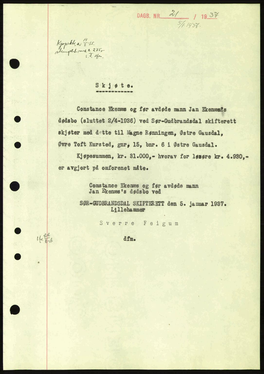 Sør-Gudbrandsdal tingrett, SAH/TING-004/H/Hb/Hbd/L0002: Mortgage book no. A2, 1936-1937, Diary no: : 21/1937