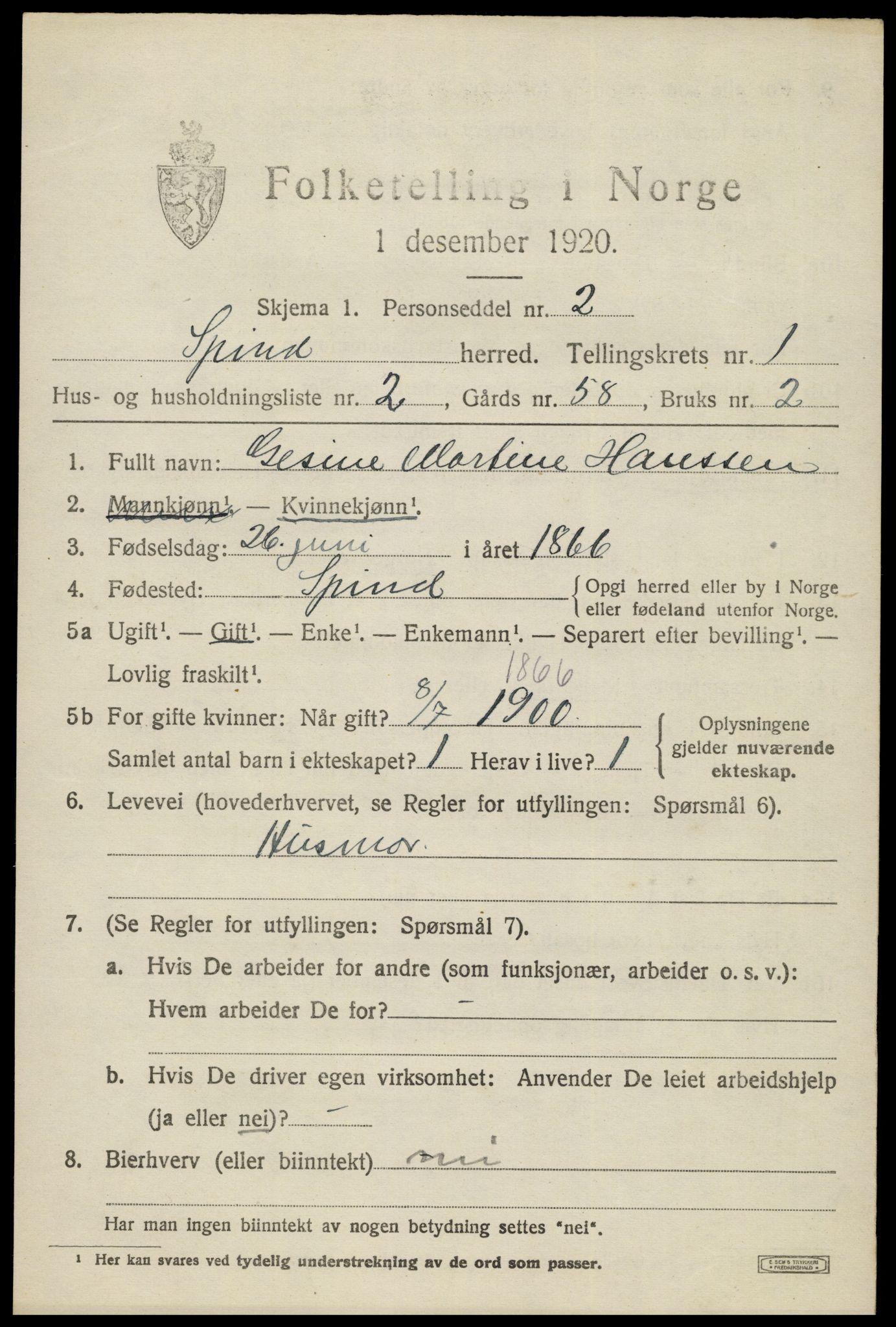 SAK, 1920 census for Spind, 1920, p. 583