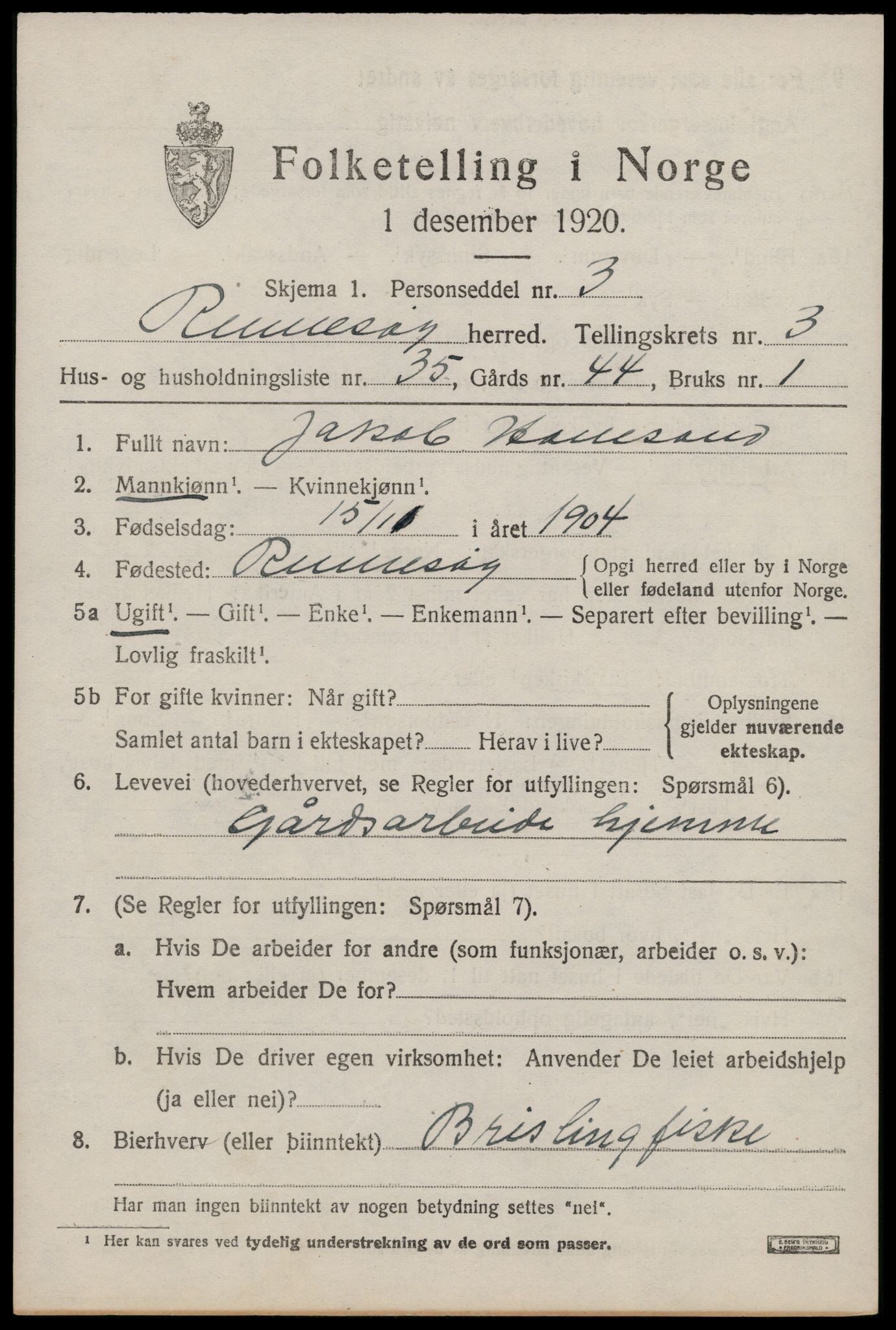 SAST, 1920 census for Rennesøy, 1920, p. 2360