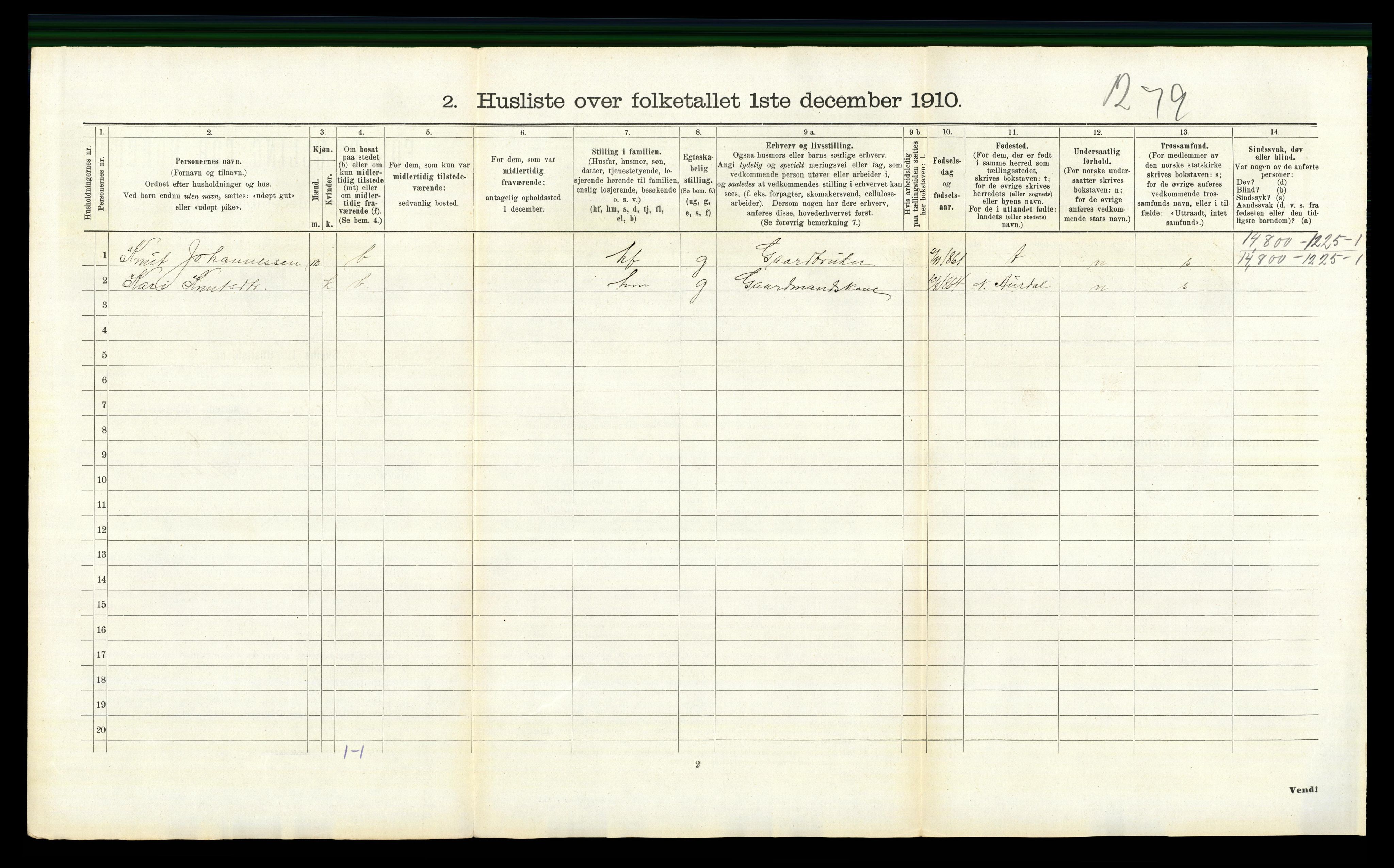 RA, 1910 census for Hemsedal, 1910, p. 501