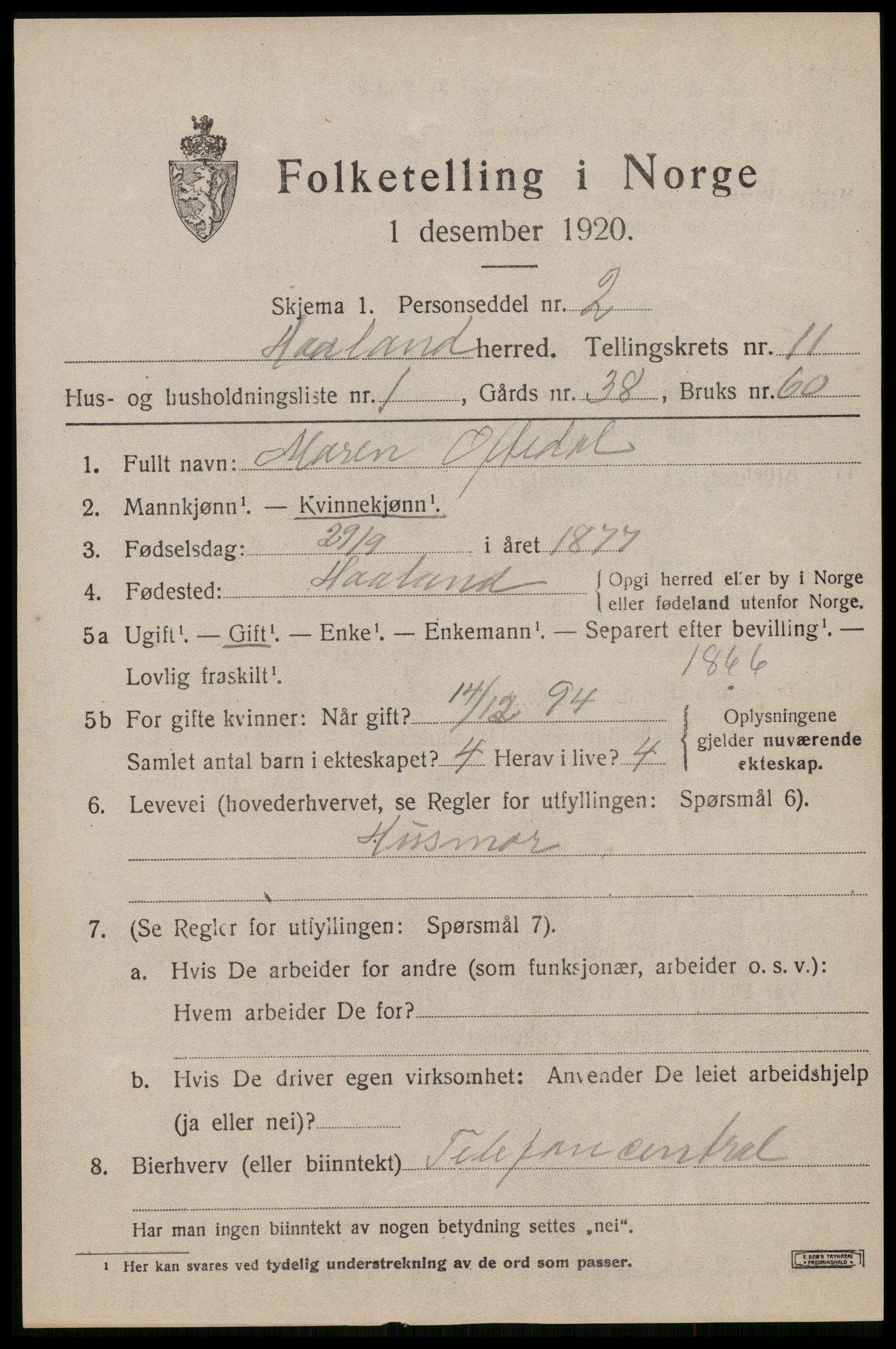 SAST, 1920 census for Håland, 1920, p. 8111