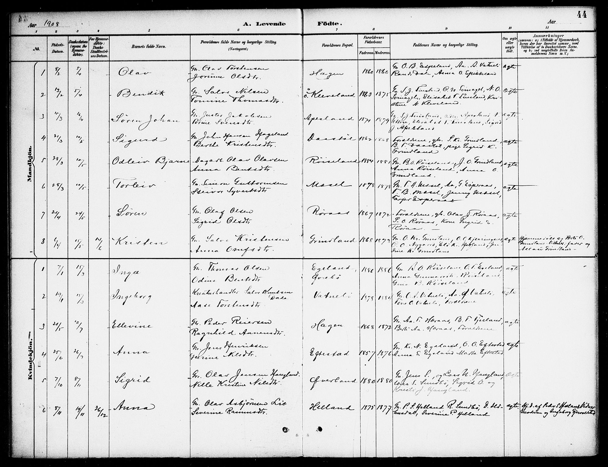 Bjelland sokneprestkontor, SAK/1111-0005/F/Fa/Fab/L0004: Parish register (official) no. A 4, 1887-1920, p. 44