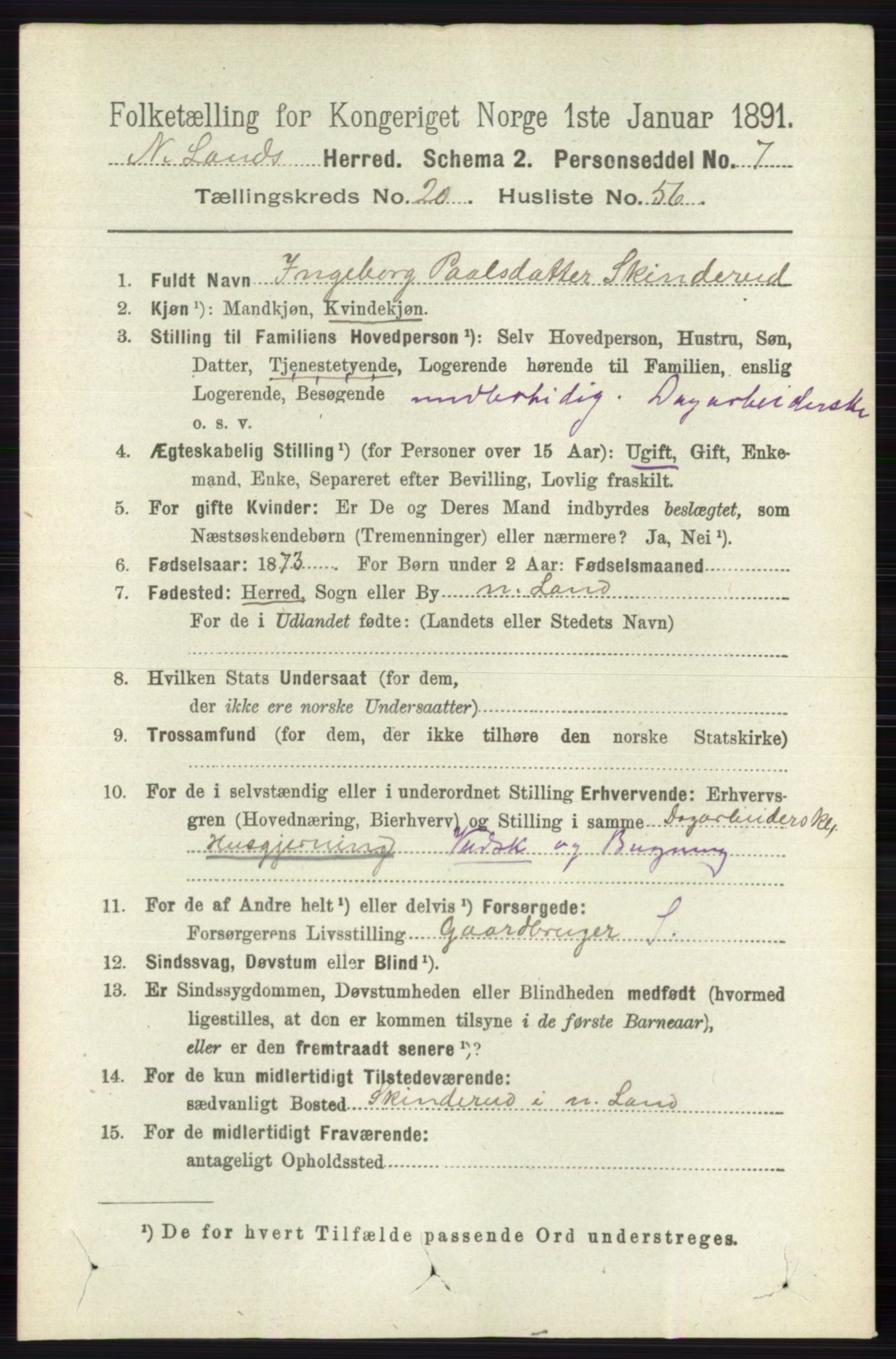 RA, 1891 census for 0538 Nordre Land, 1891, p. 5205