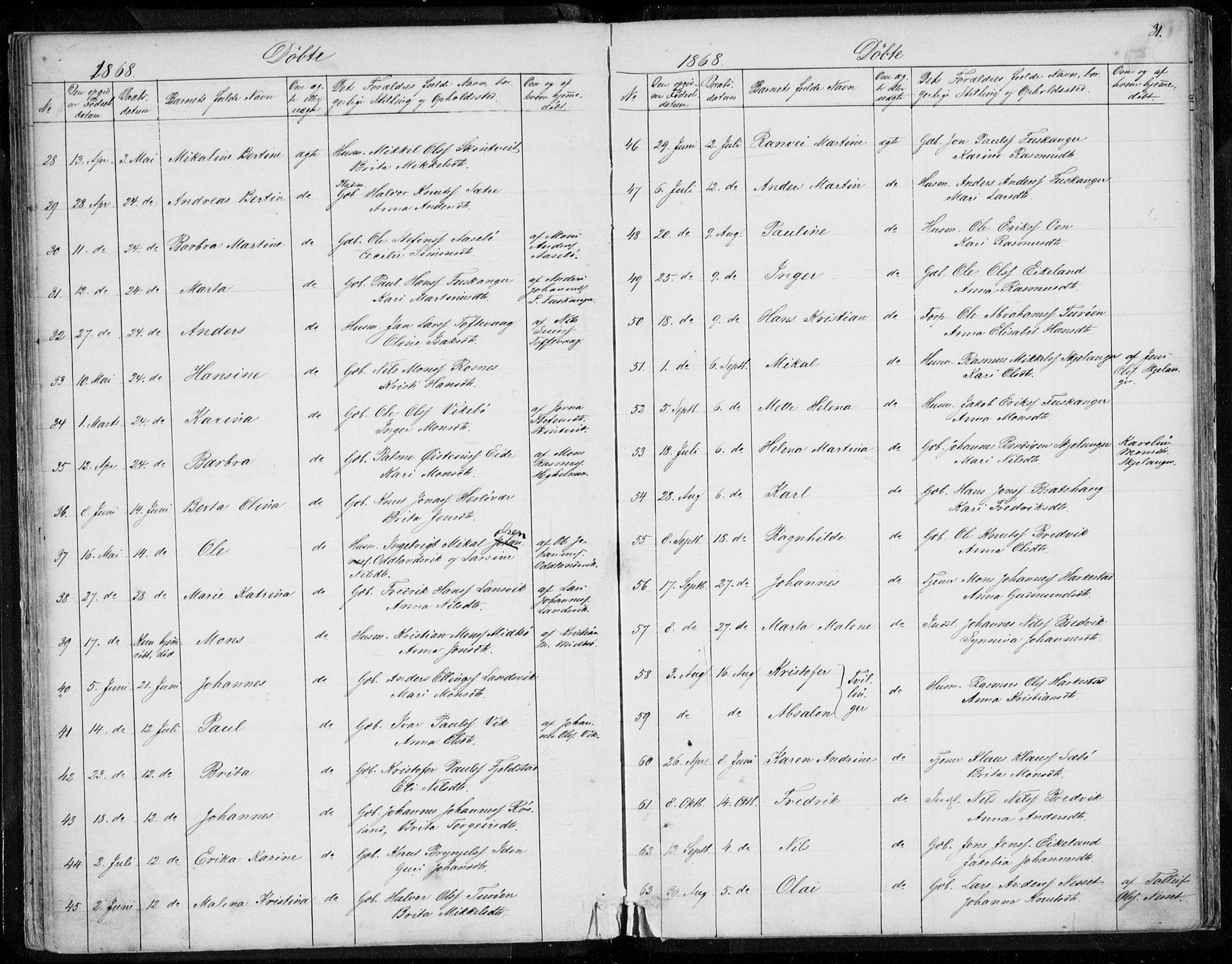 Herdla Sokneprestembete, SAB/A-75701/H/Haa: Parish register (official) no. A 1, 1855-1869, p. 31
